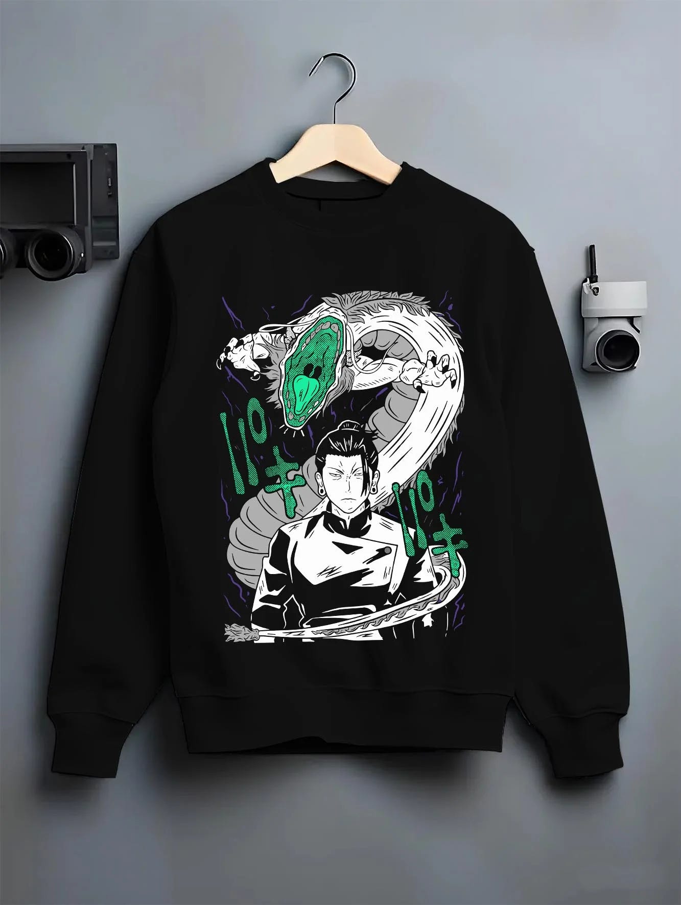 Black crewneck sweatshirt on hanger with Mahito Hoodie Jujutsu Kaisen Cursed Spirit graphic Mahito anime design.