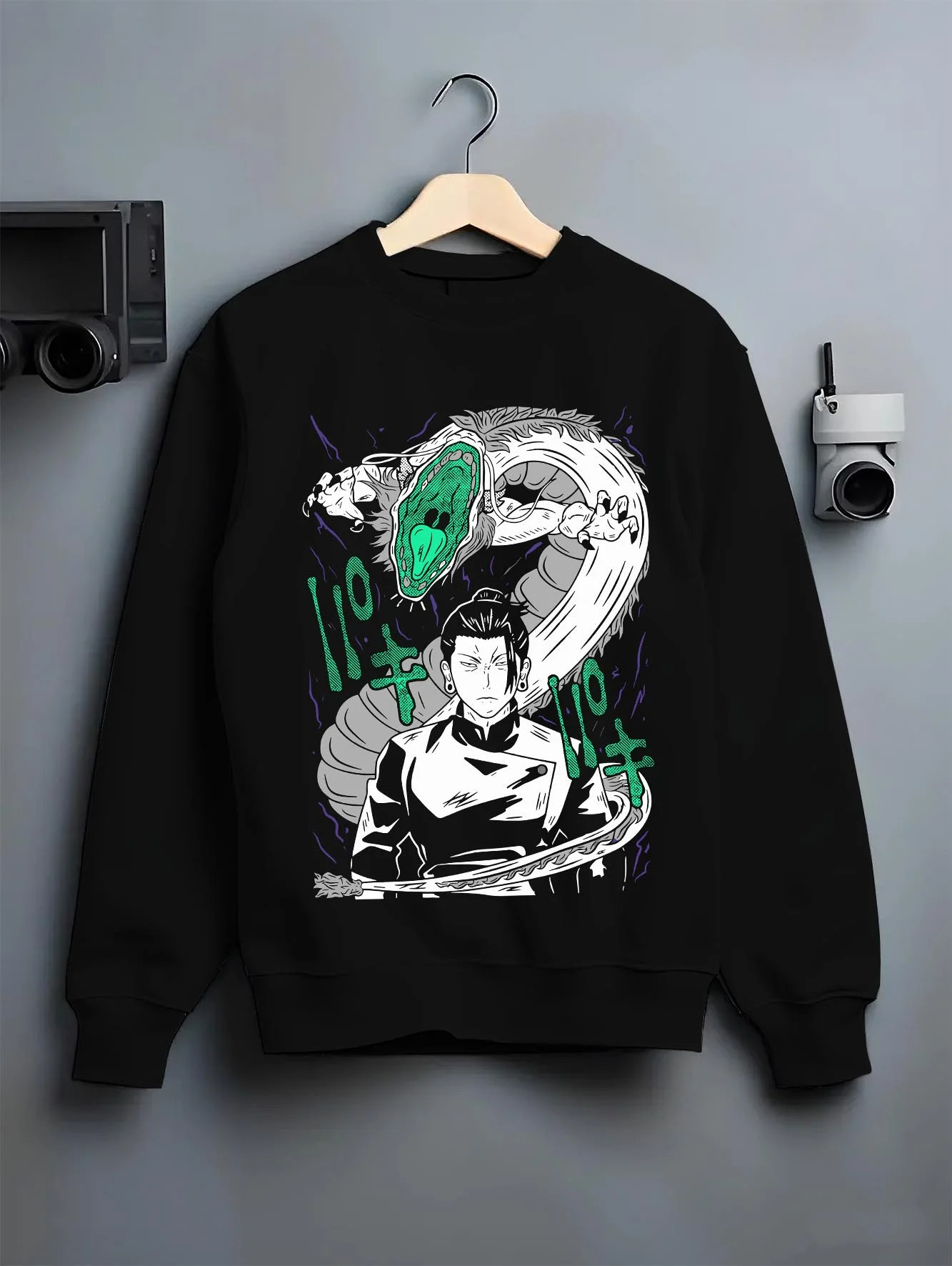 Black crewneck sweatshirt on hanger with Mahito Hoodie Jujutsu Kaisen Cursed Spirit graphic Mahito anime design.