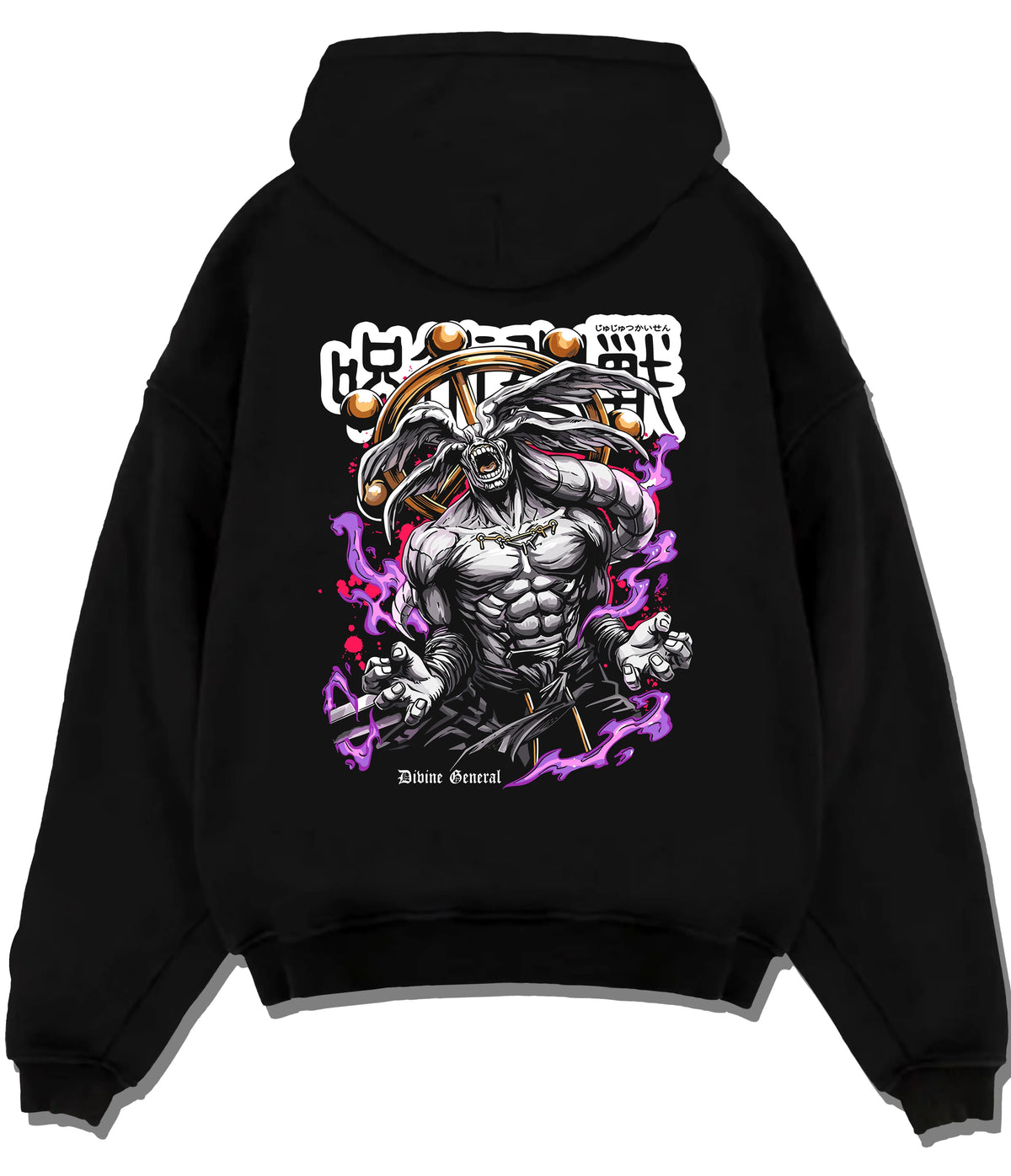 Black hoodie flat back view showing Mahoraga / Divine General from Jujutsu Kaisen: JJK monster artwork