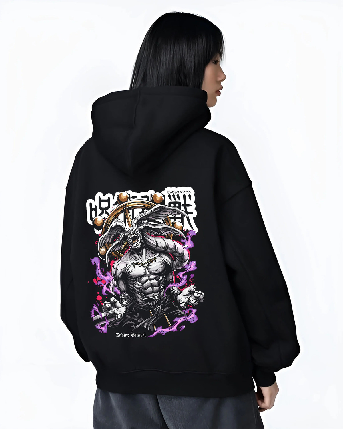 Black hoodie female model back view showing Mahoraga / Divine General from Jujutsu Kaisen: JJK monster artwork