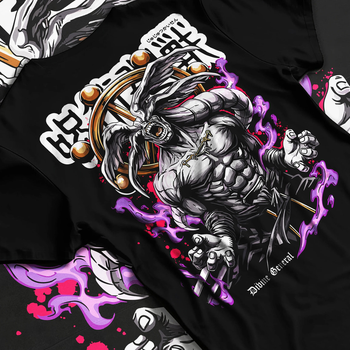 Black T-shirt flat back view showing Mahoraga / Divine General from Jujutsu Kaisen: JJK monster artwork
