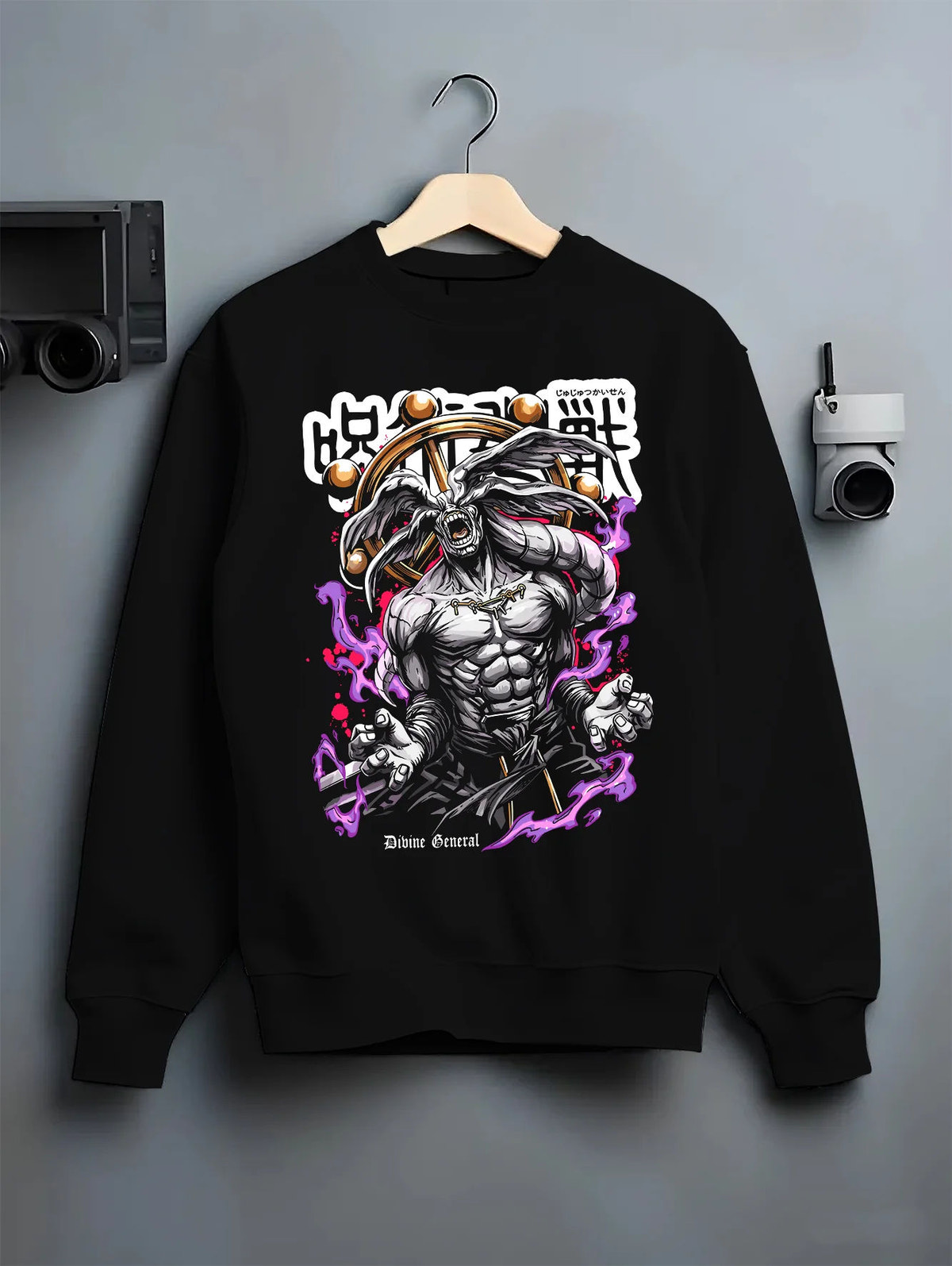 Black crewneck sweatshirt on hanger showing Mahoraga / Divine General from Jujutsu Kaisen: JJK monster artwork