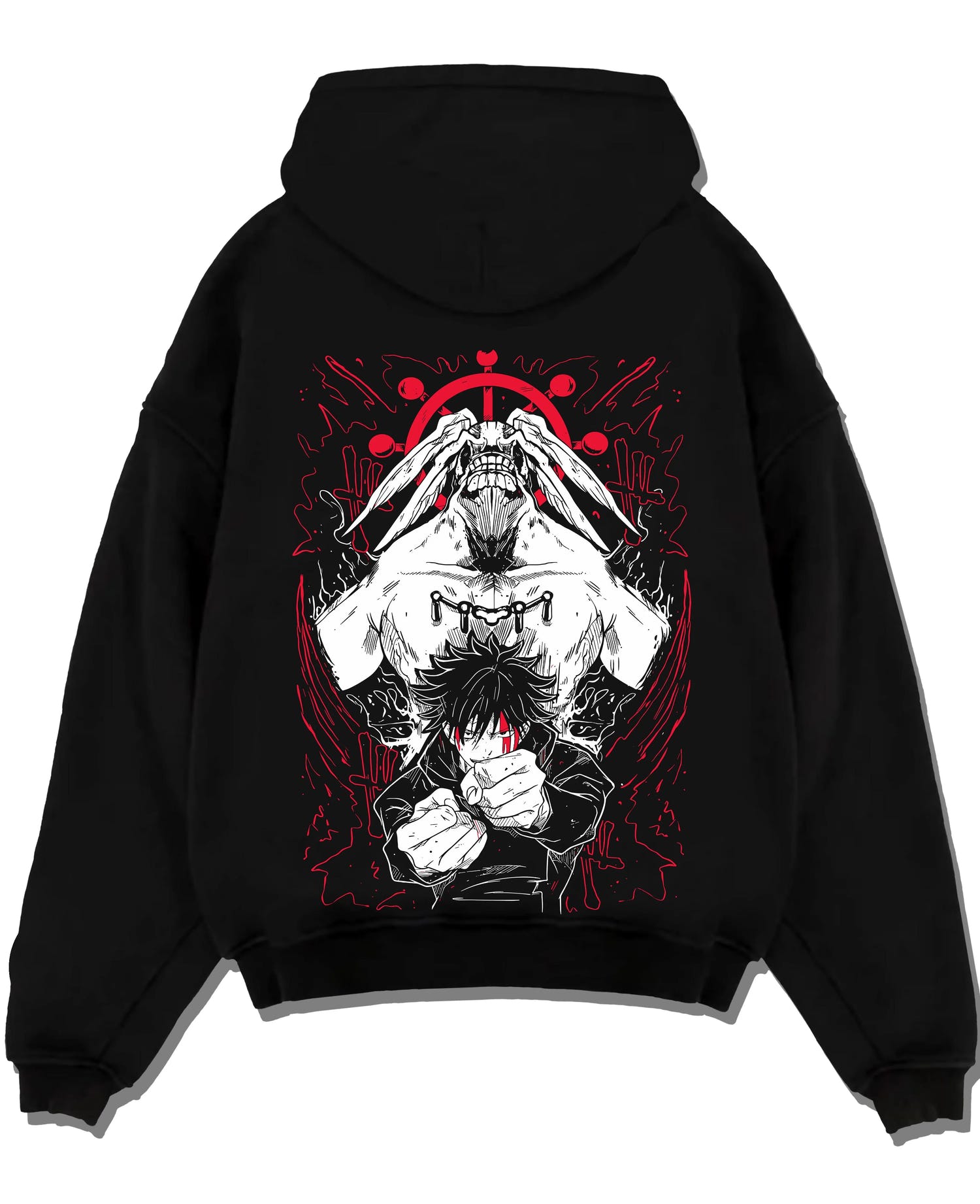 Black pullover hoodie laid flat with Mahoraga Hoodie Jujutsu Kaisen Shikigami Beast graphic streetwear graphic.