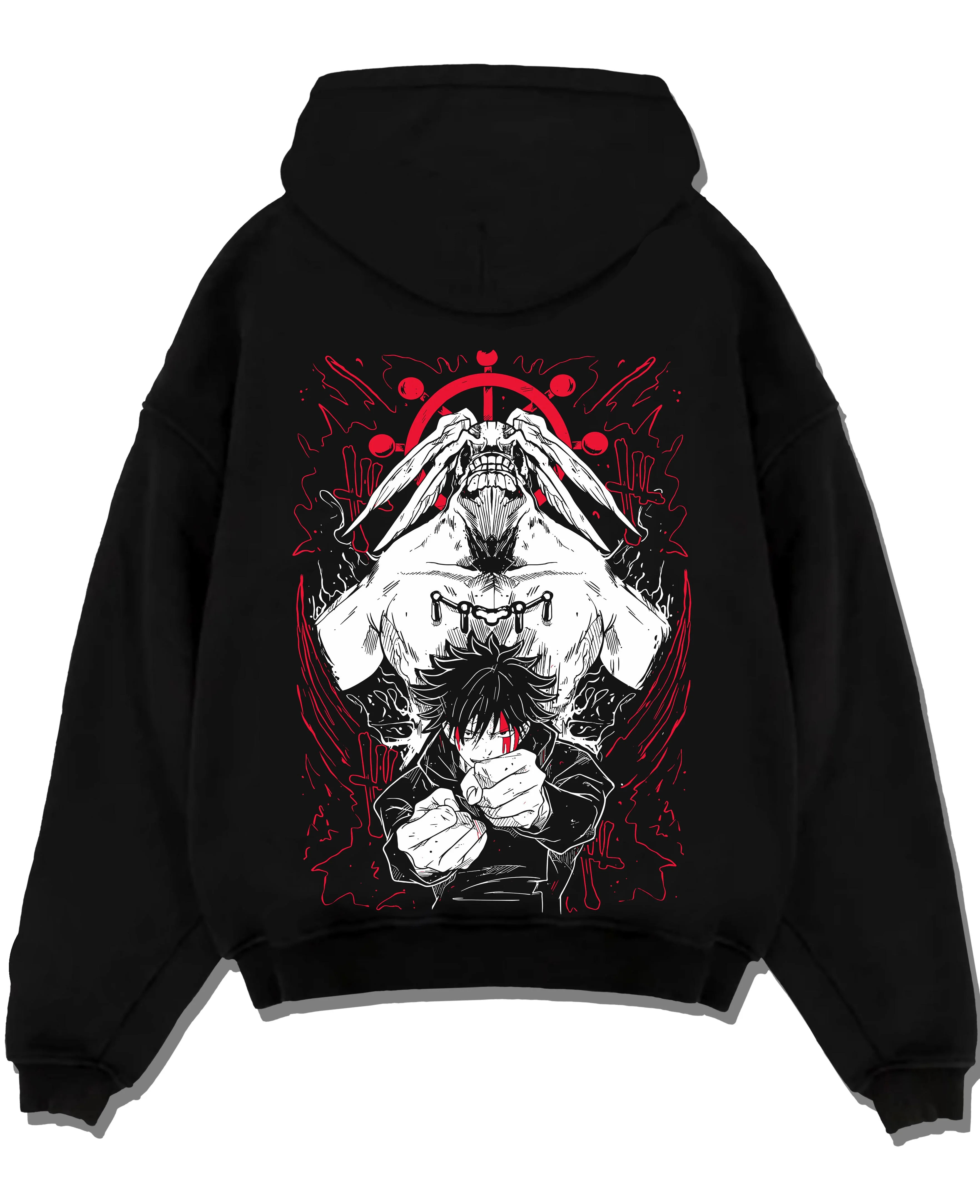 Black pullover hoodie laid flat with Mahoraga Hoodie Jujutsu Kaisen Shikigami Beast graphic streetwear graphic.