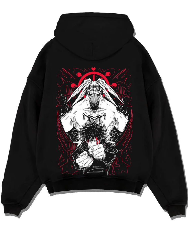Black pullover hoodie laid flat with Mahoraga Hoodie Jujutsu Kaisen Shikigami Beast graphic streetwear graphic.