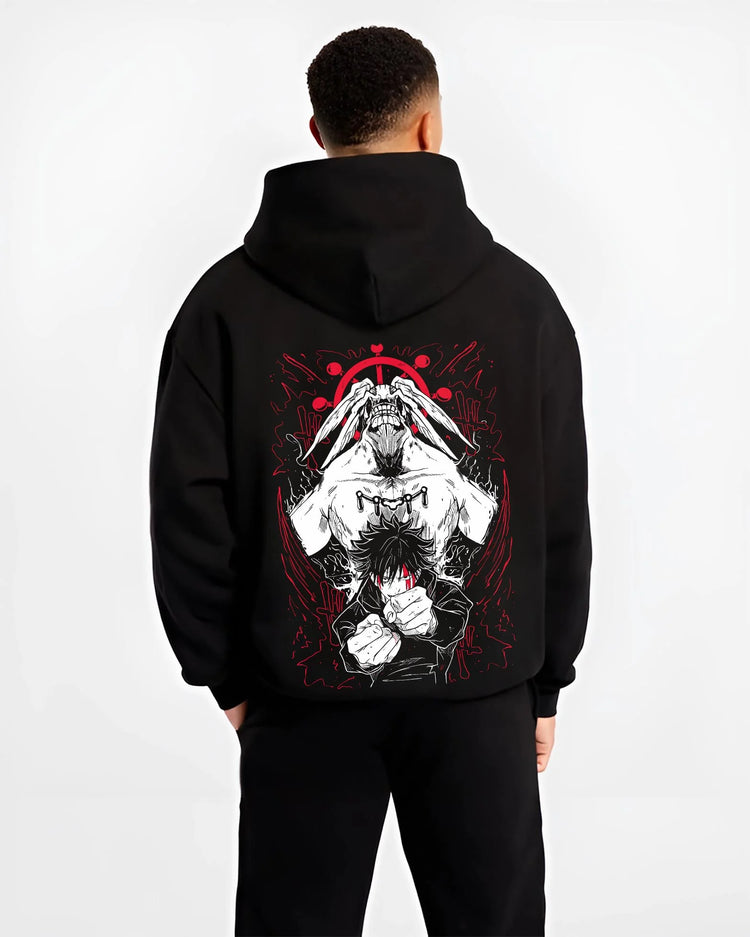 Black hoodie worn by male model, back view with Mahoraga Hoodie Jujutsu Kaisen Shikigami Beast graphic premium wear.