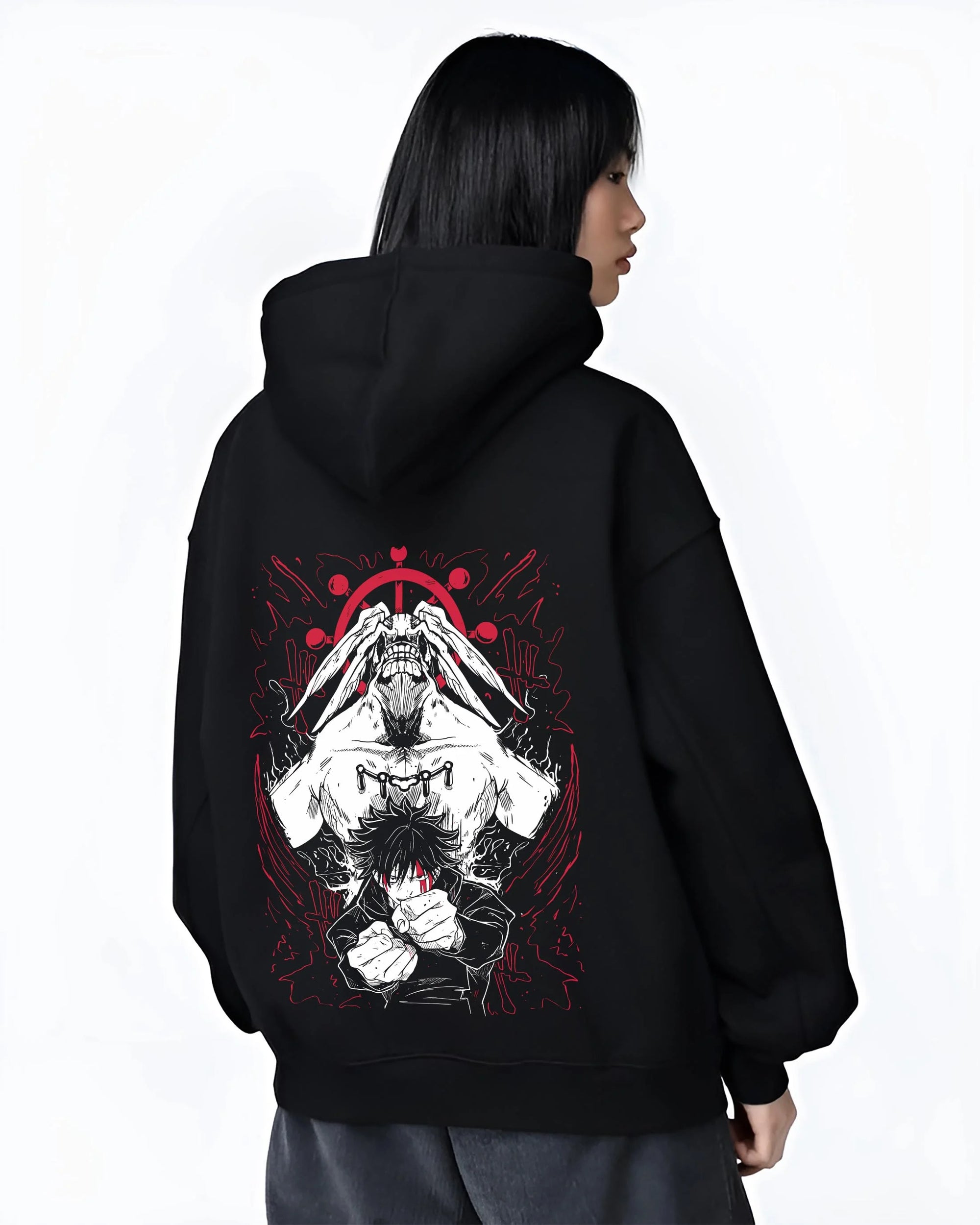Black hoodie worn by female model, back view with Mahoraga Hoodie Jujutsu Kaisen Shikigami Beast graphic streetwear graphic.