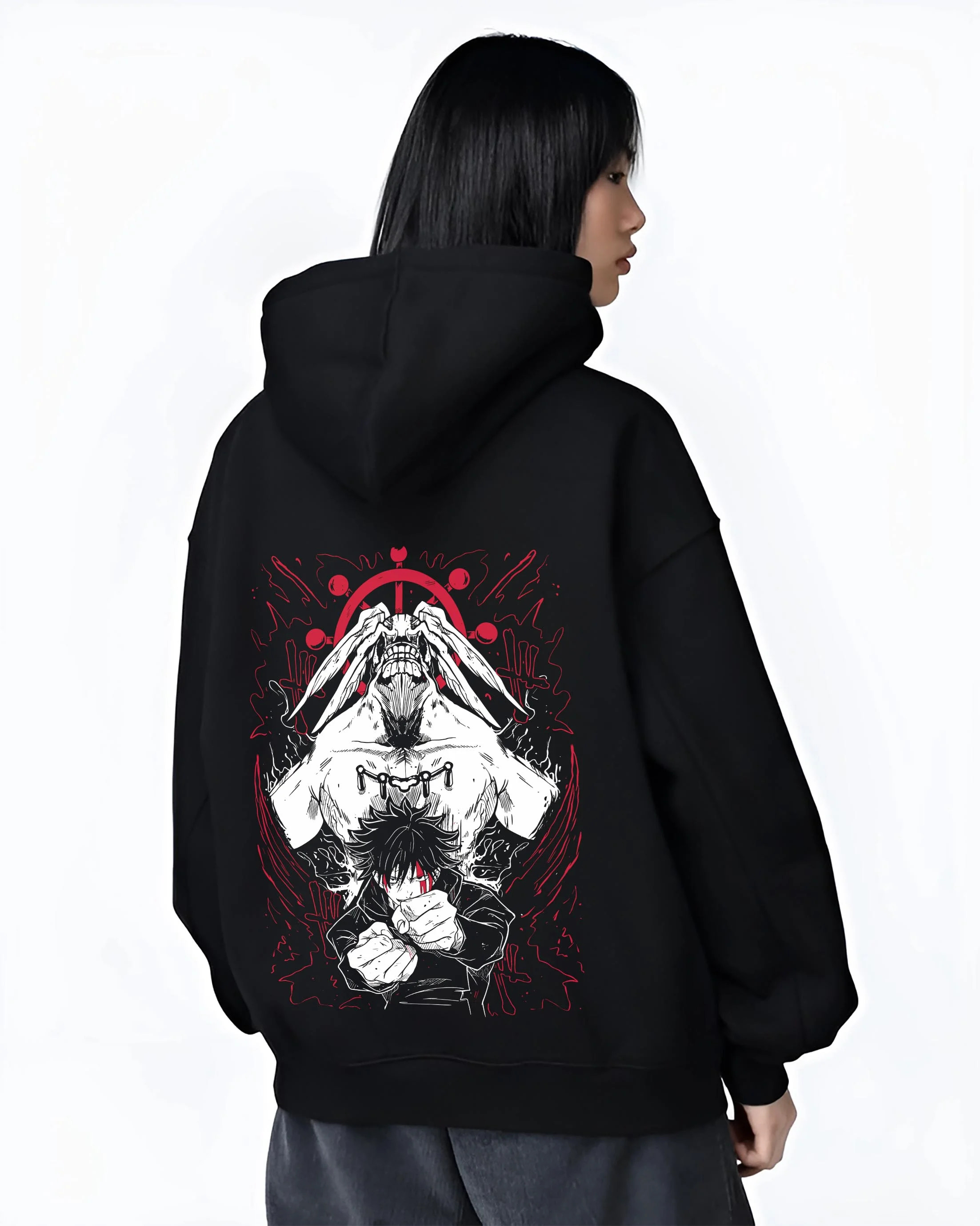 Black hoodie worn by female model, back view with Mahoraga Hoodie Jujutsu Kaisen Shikigami Beast graphic streetwear graphic.