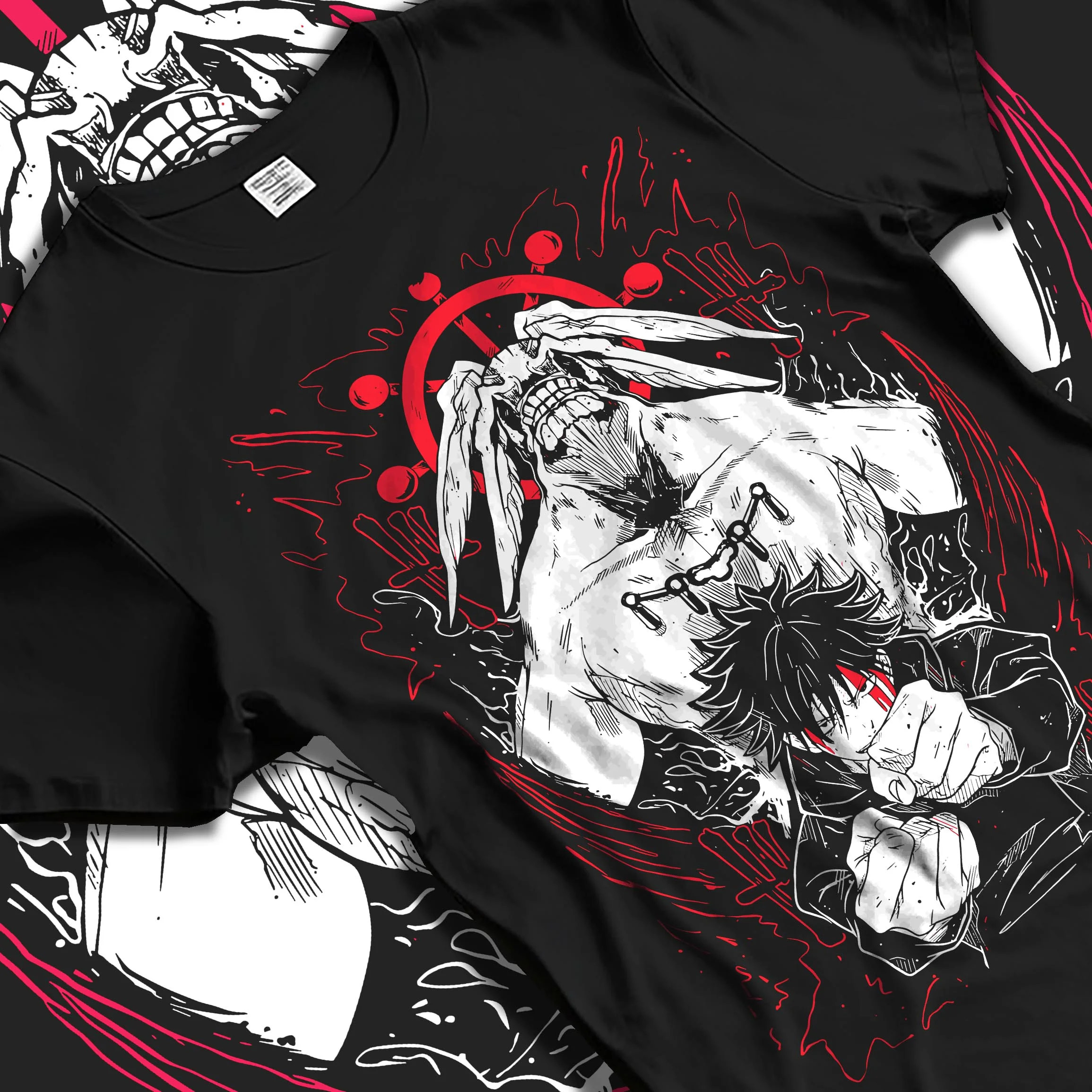Black T-shirt laid flat with natural folds with Mahoraga Hoodie Jujutsu Kaisen Shikigami Beast graphic bold anime graphic.