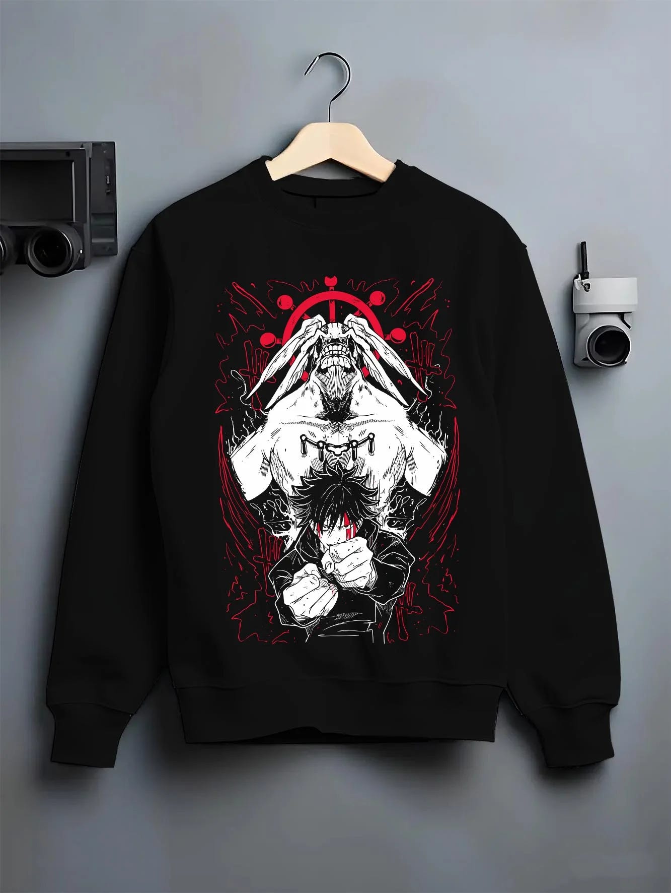 Black crewneck sweatshirt on hanger with Mahoraga Hoodie Jujutsu Kaisen Shikigami Beast graphic streetwear graphic.