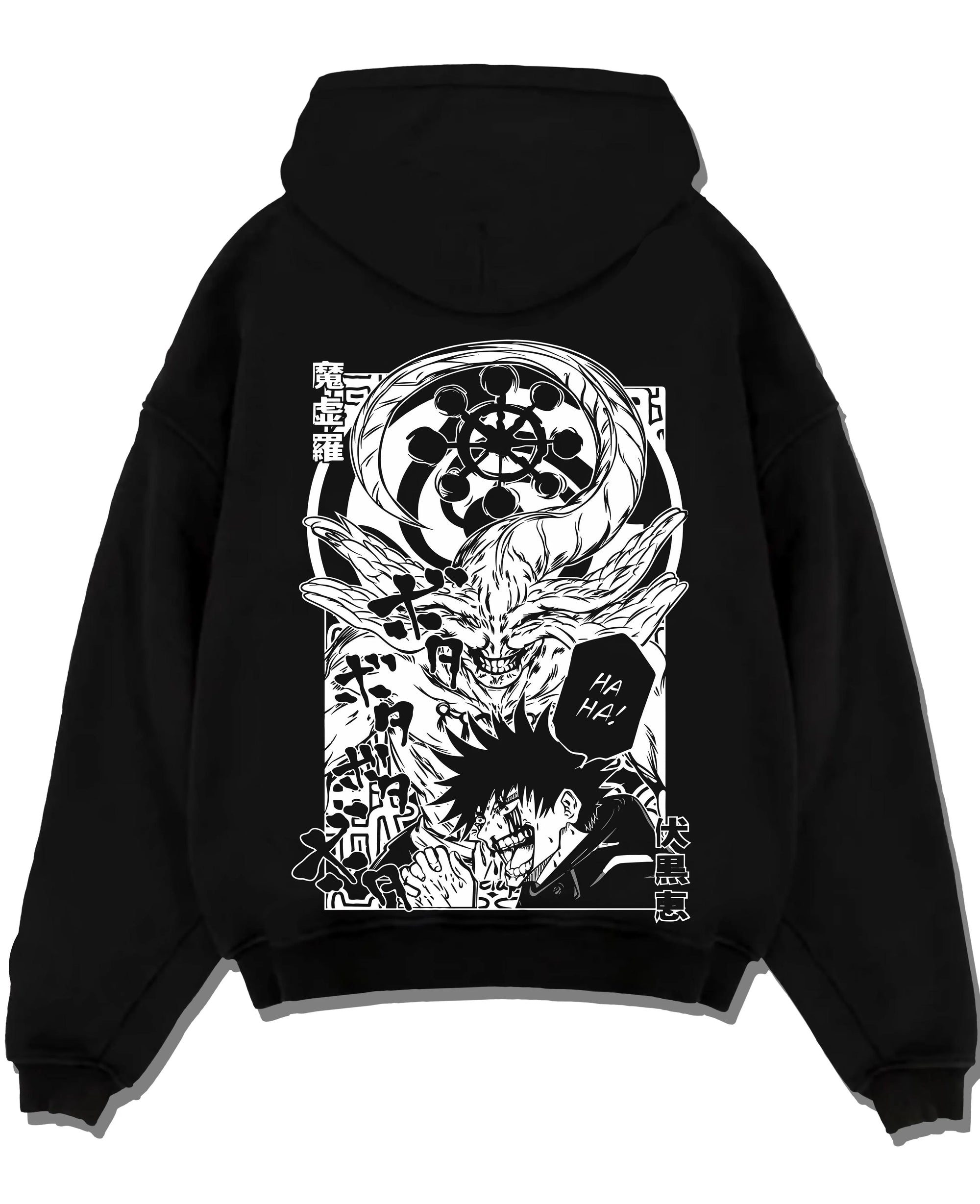 Black pullover hoodie laid flat with Mahito Zenin Hoodie Jujutsu Kaisen Dark Clash graphic premium wear.