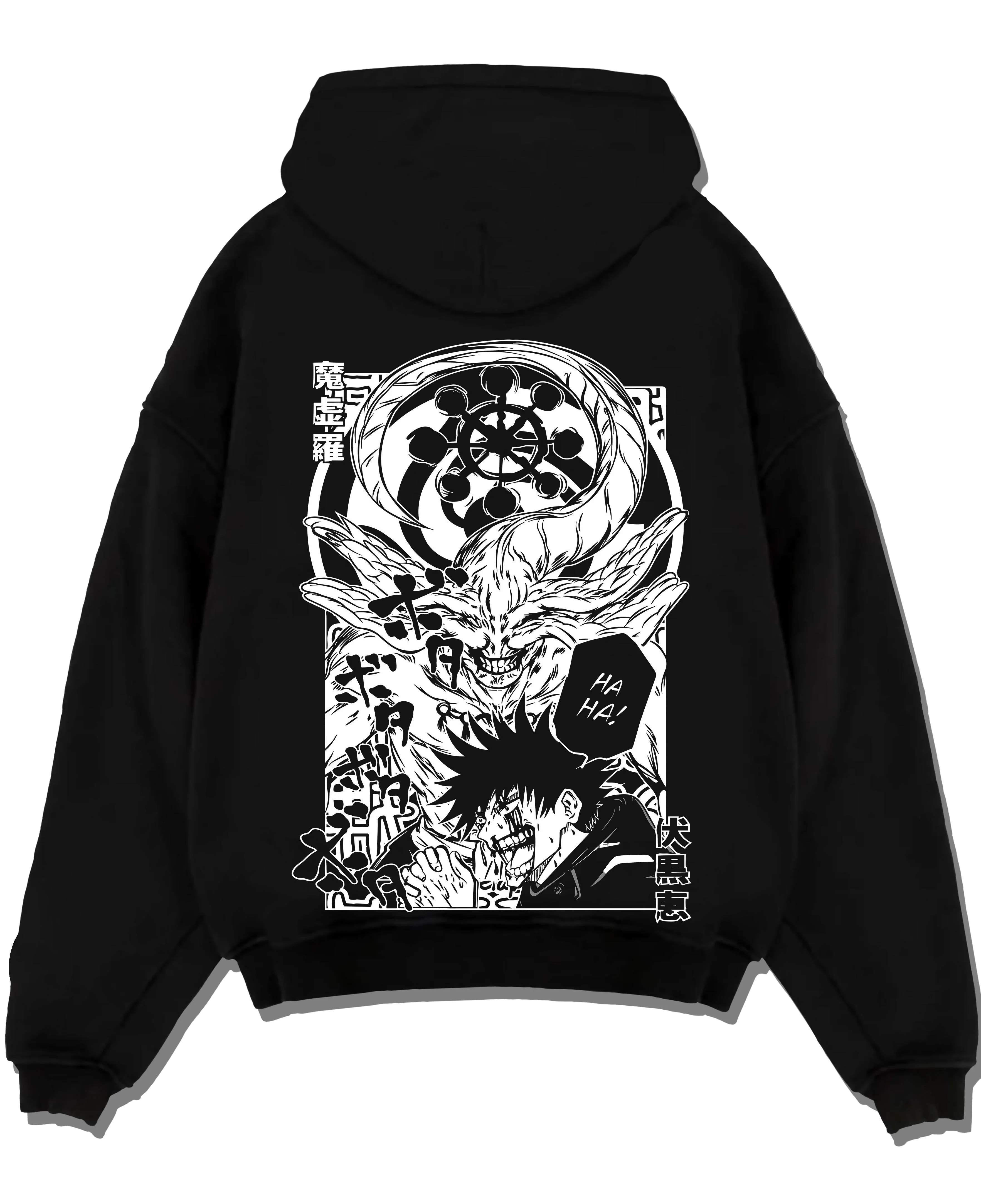 Black pullover hoodie laid flat with Mahito Zenin Hoodie Jujutsu Kaisen Dark Clash graphic premium wear.