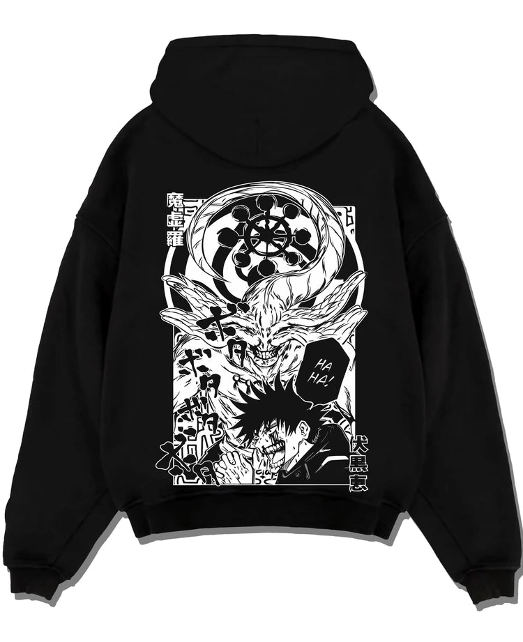 Black pullover hoodie laid flat with Mahito Zenin Hoodie Jujutsu Kaisen Dark Clash graphic premium wear.