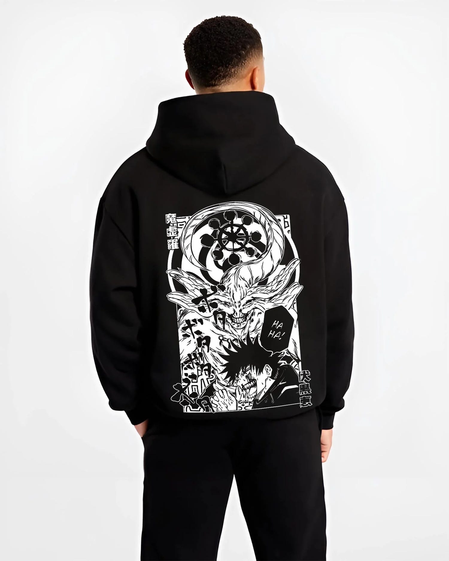 Black hoodie worn by male model, back view with Mahito Zenin Hoodie Jujutsu Kaisen Dark Clash graphic Mahito anime design.