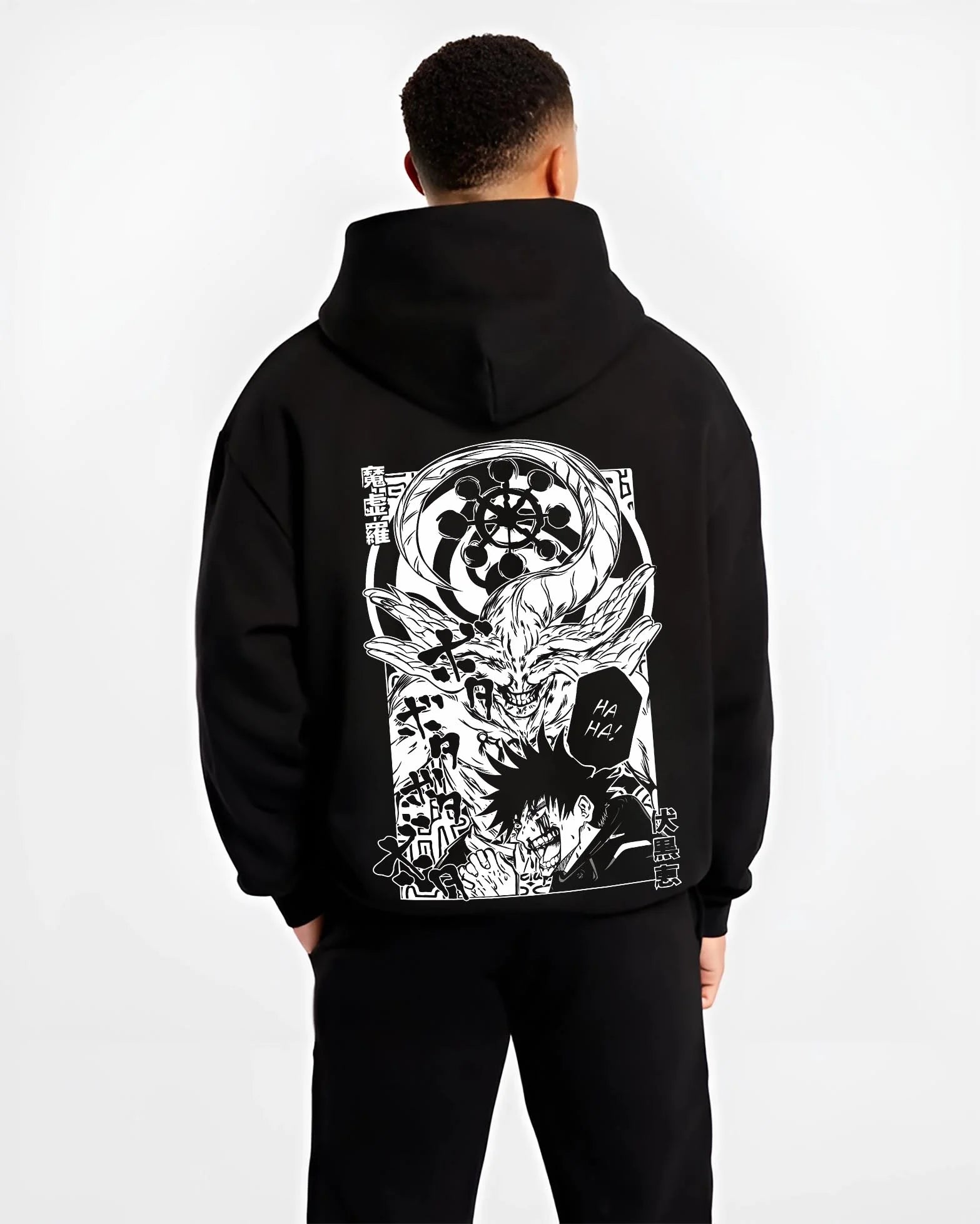 Black hoodie worn by male model, back view with Mahito Zenin Hoodie Jujutsu Kaisen Dark Clash graphic Mahito anime design.