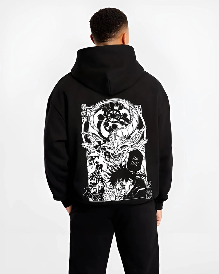 Black hoodie worn by male model, back view with Mahito Zenin Hoodie Jujutsu Kaisen Dark Clash graphic Mahito anime design.