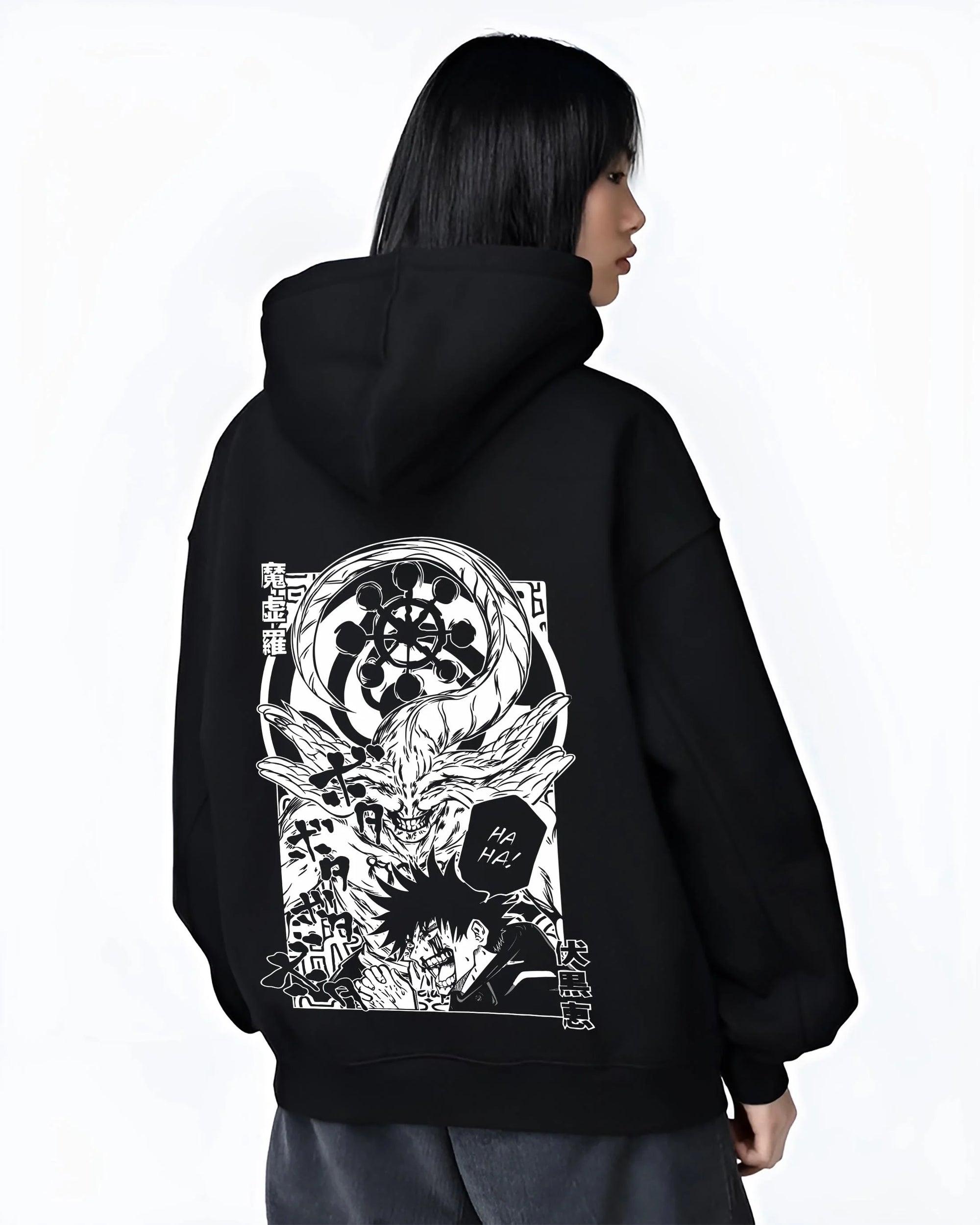Black hoodie worn by female model, back view with Mahito Zenin Hoodie Jujutsu Kaisen Dark Clash graphic streetwear graphic.
