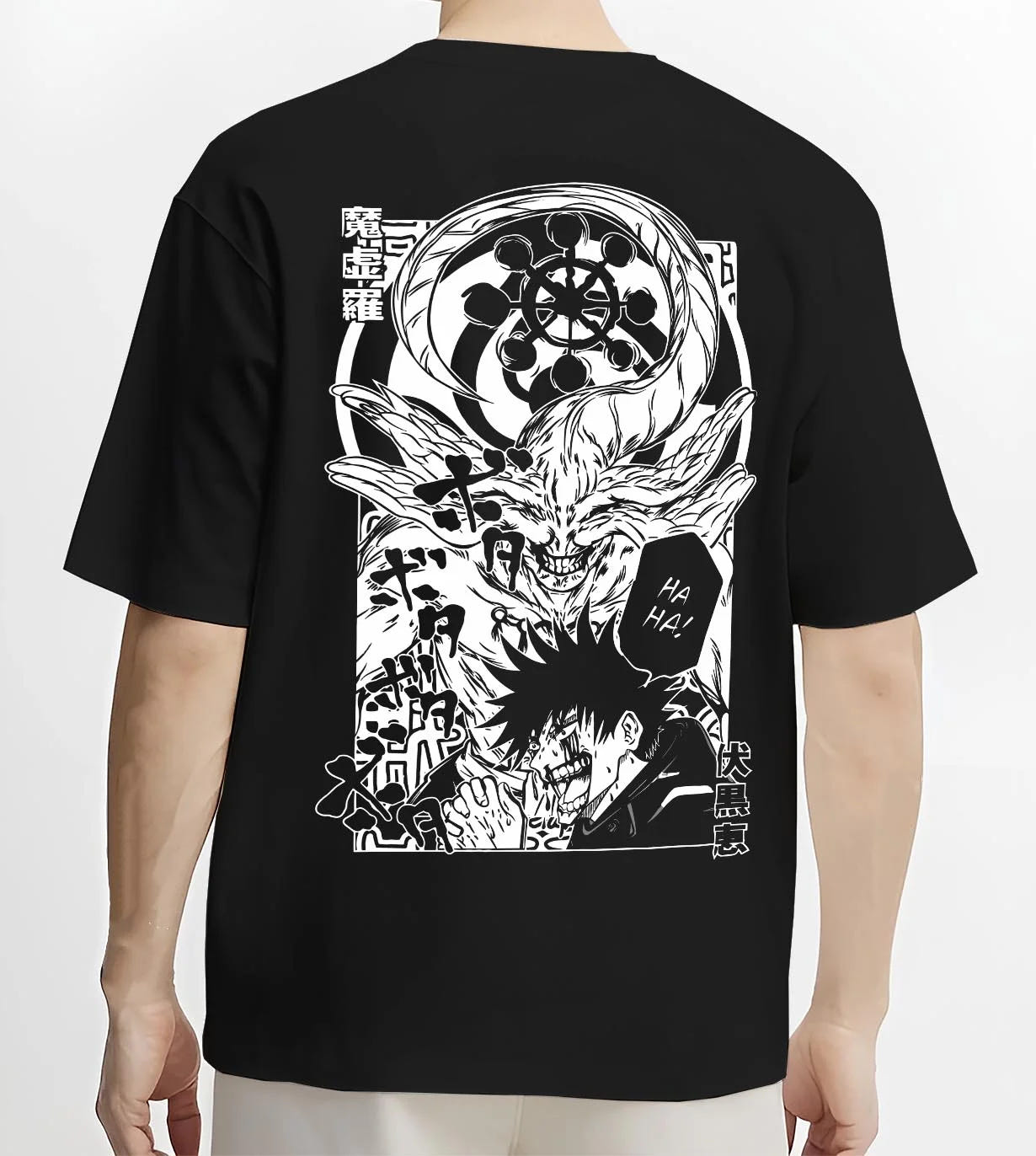 Black T-shirt worn by male model, back view with Mahito Zenin Hoodie Jujutsu Kaisen Dark Clash graphic streetwear graphic.