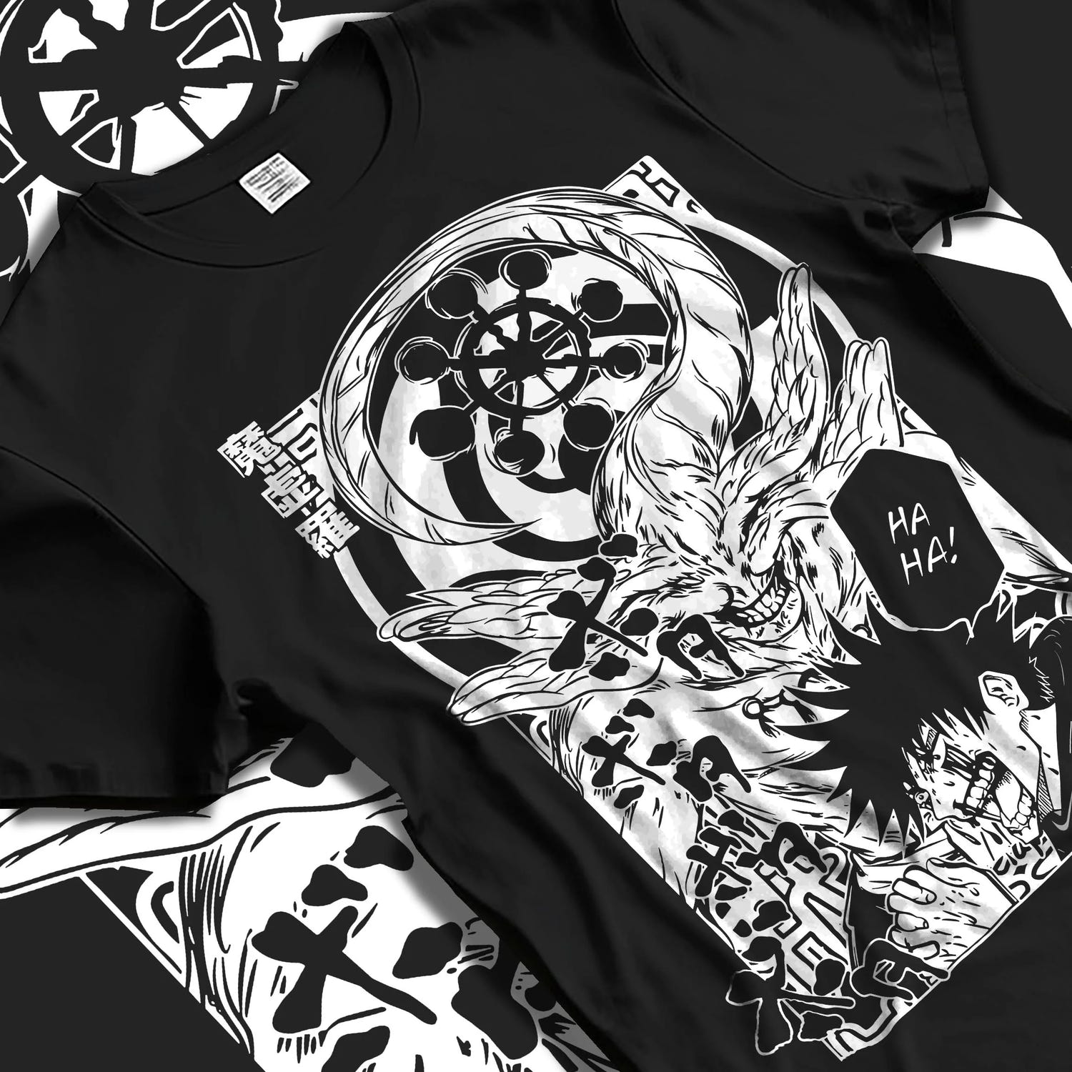 Black T-shirt laid flat with natural folds with Mahito Zenin Hoodie Jujutsu Kaisen Dark Clash graphic bold anime graphic.