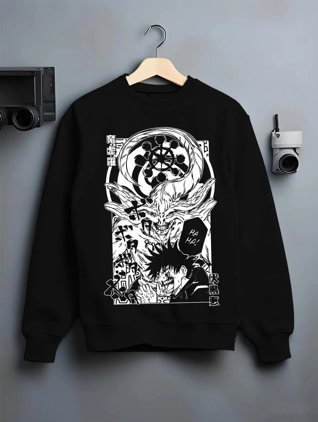 Black crewneck sweatshirt on hanger with Mahito Zenin Hoodie Jujutsu Kaisen Dark Clash graphic streetwear graphic.