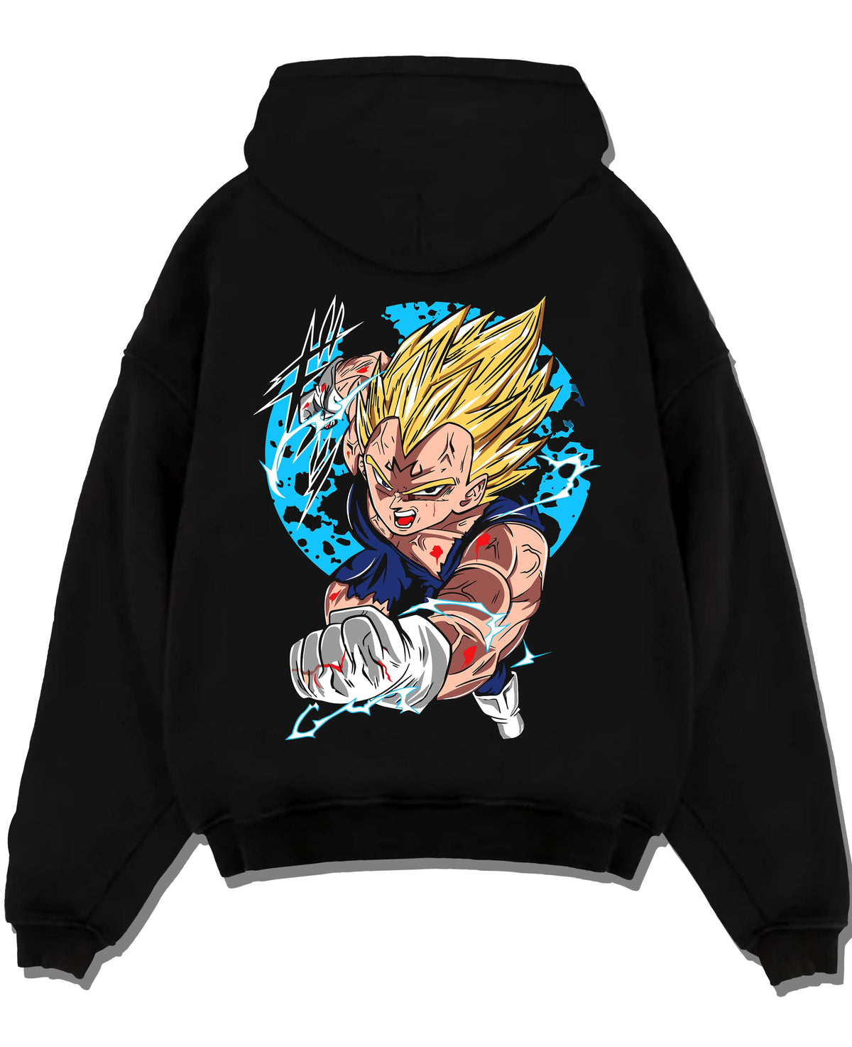 Black hoodie laid flat featuring Majin Vegeta Final Explosion artwork.