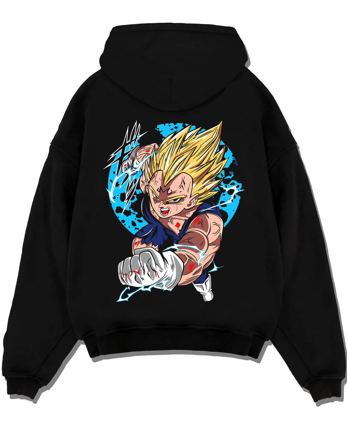 Black hoodie laid flat featuring Majin Vegeta Final Explosion artwork.