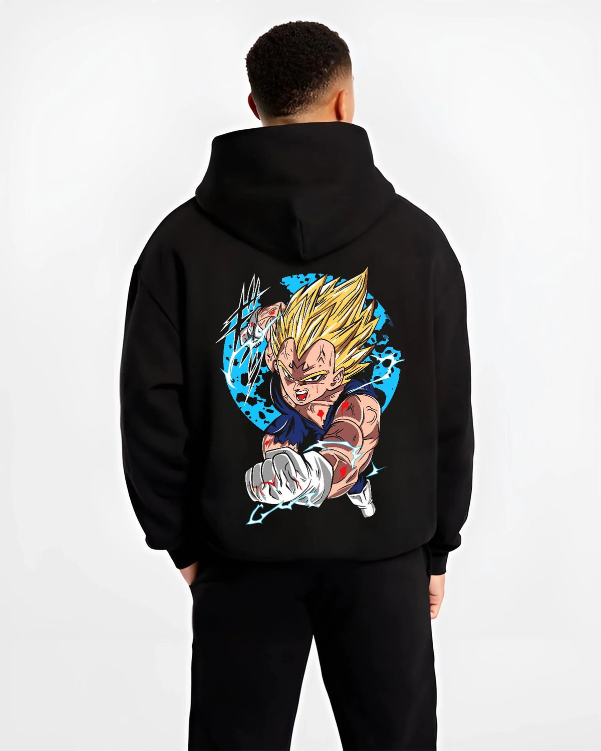 Black hoodie worn by male model from the back featuring Majin Vegeta Final Explosion artwork.
