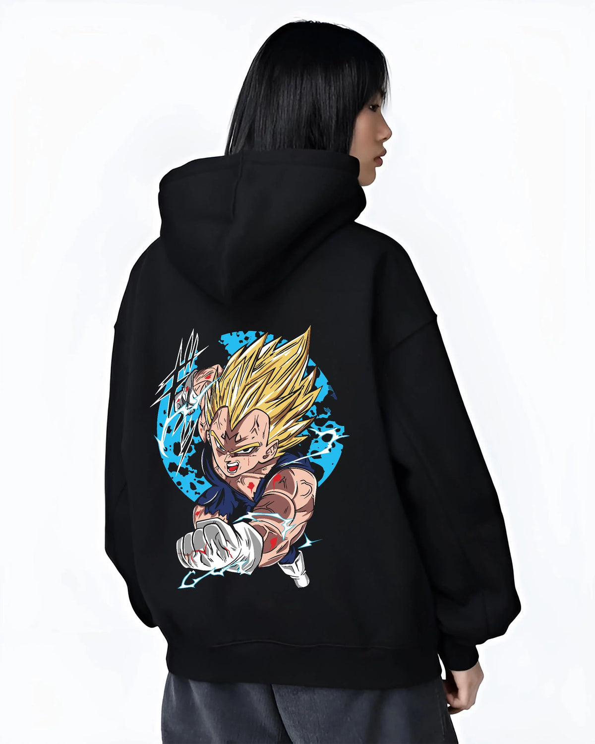 Black hoodie worn by female model from the back featuring Majin Vegeta Final Explosion artwork.