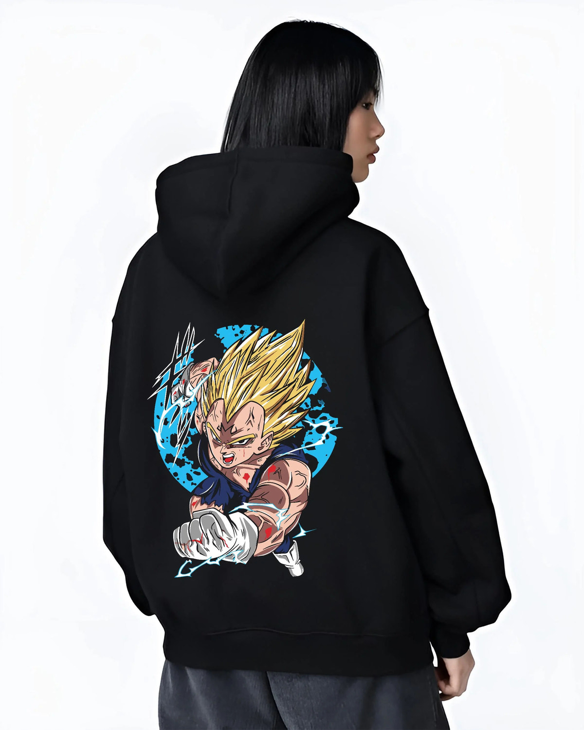 Black hoodie worn by female model from the back featuring Majin Vegeta Final Explosion artwork.