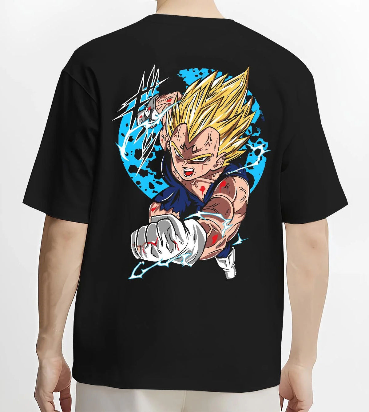 Black T-shirt worn by male model from the back featuring Majin Vegeta Final Explosion artwork.