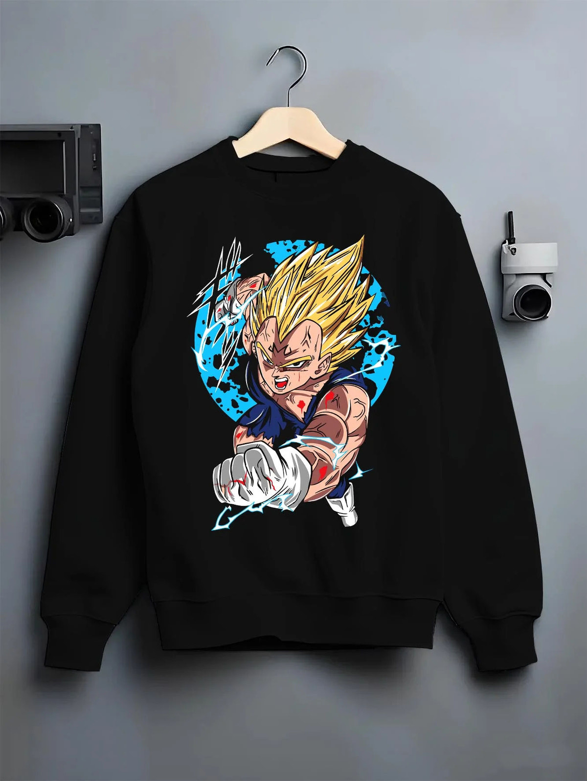 Black crewneck sweatshirt on hanger featuring Majin Vegeta Final Explosion artwork.