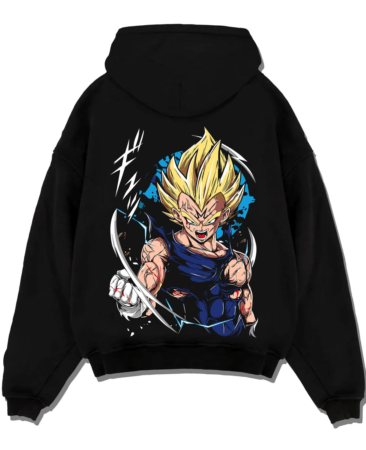 Black hoodie laid flat featuring Majin Vegeta Saiyan rage artwork.