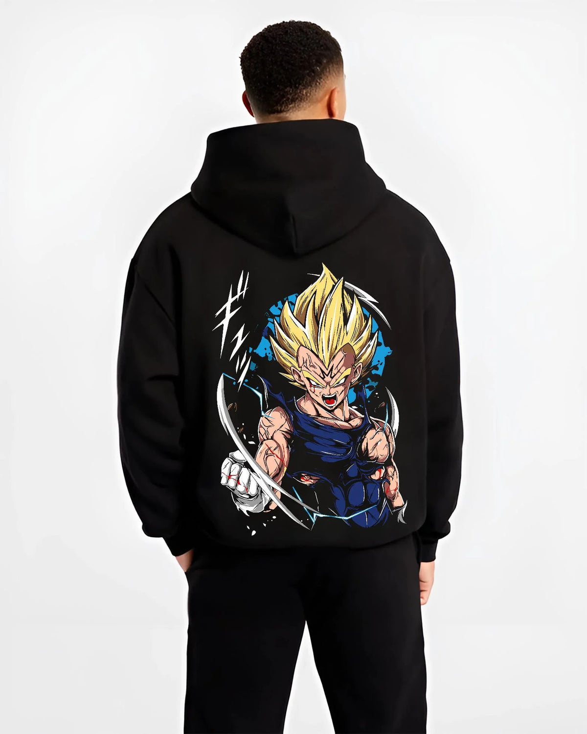 Black hoodie worn by male model from the back featuring Majin Vegeta Saiyan rage artwork.