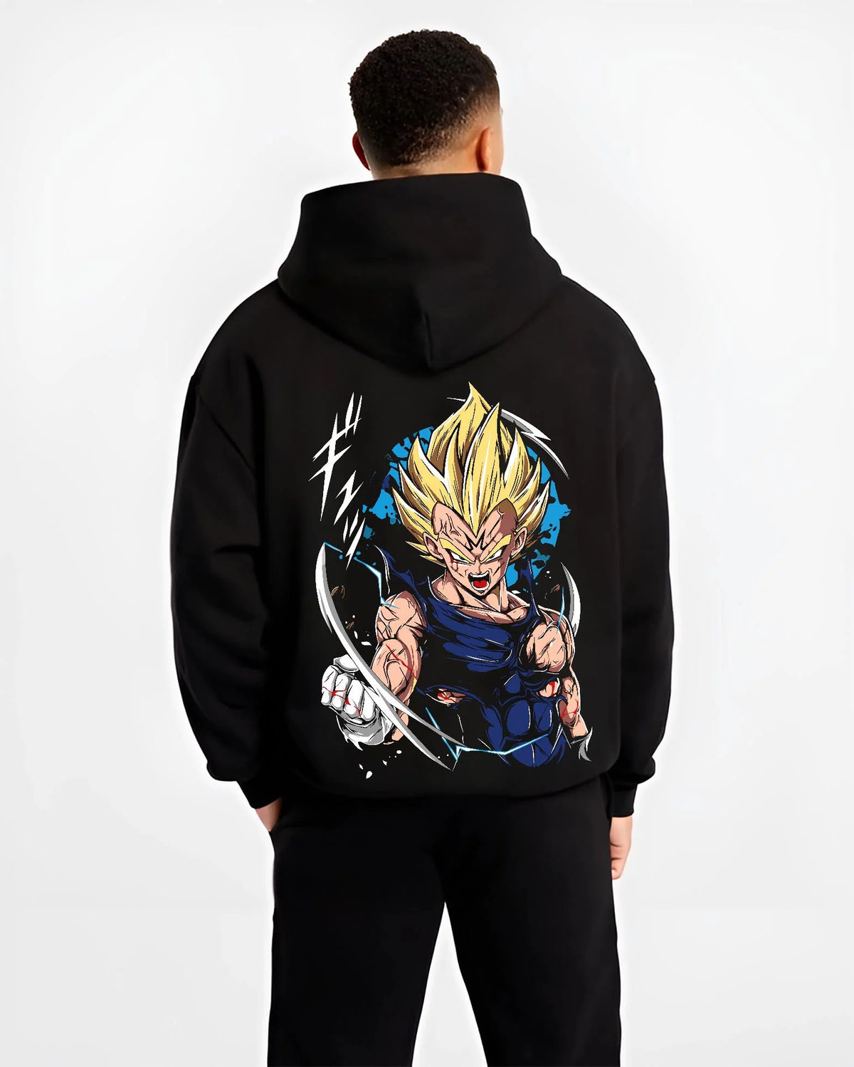 Black hoodie worn by male model from the back featuring Majin Vegeta Saiyan rage artwork.