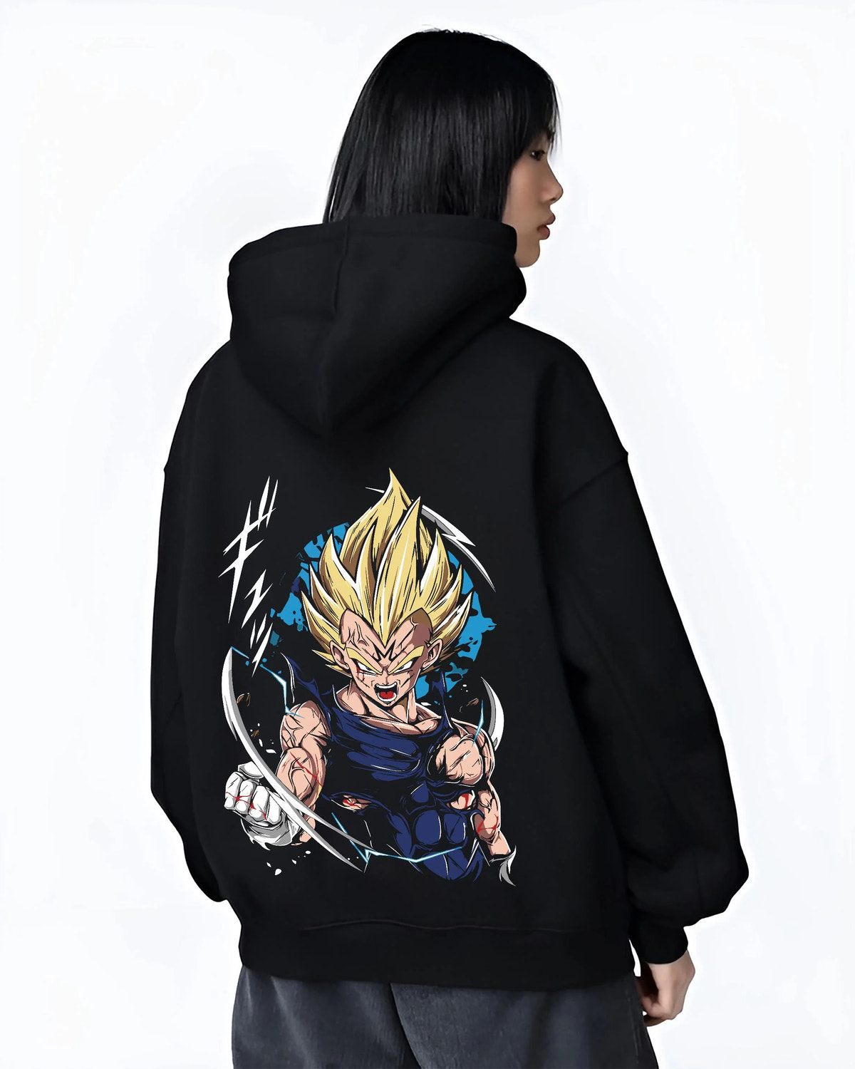 Black hoodie worn by female model from the back featuring Majin Vegeta Saiyan rage artwork.