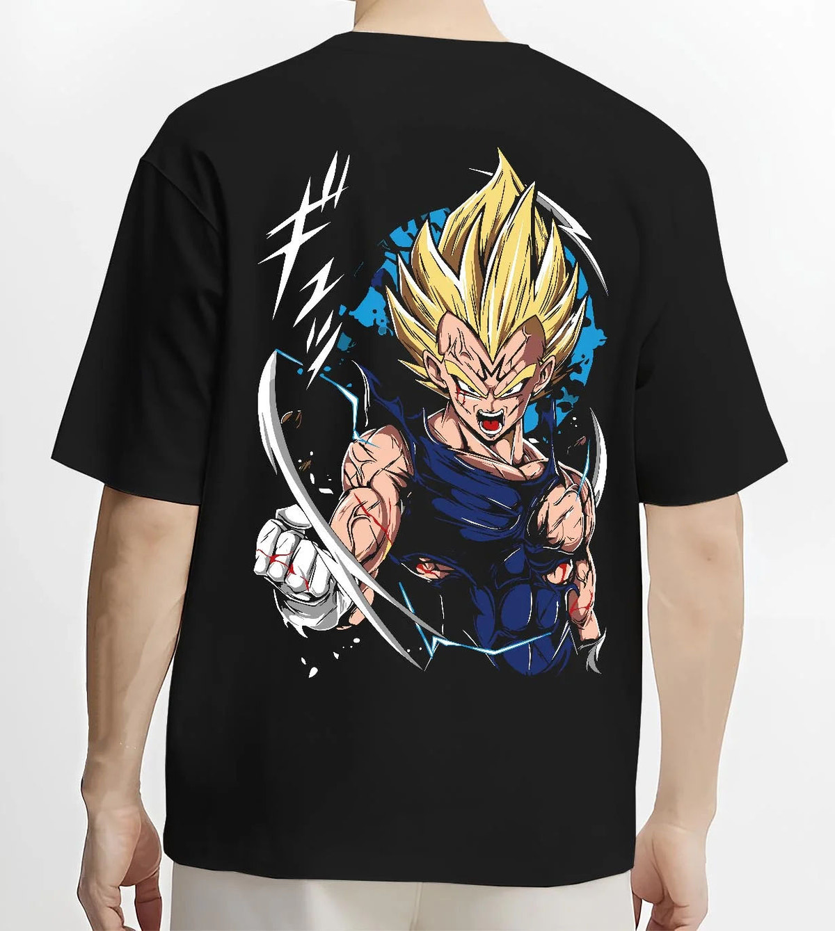 Black T-shirt worn by male model from the back featuring Majin Vegeta Saiyan rage artwork.