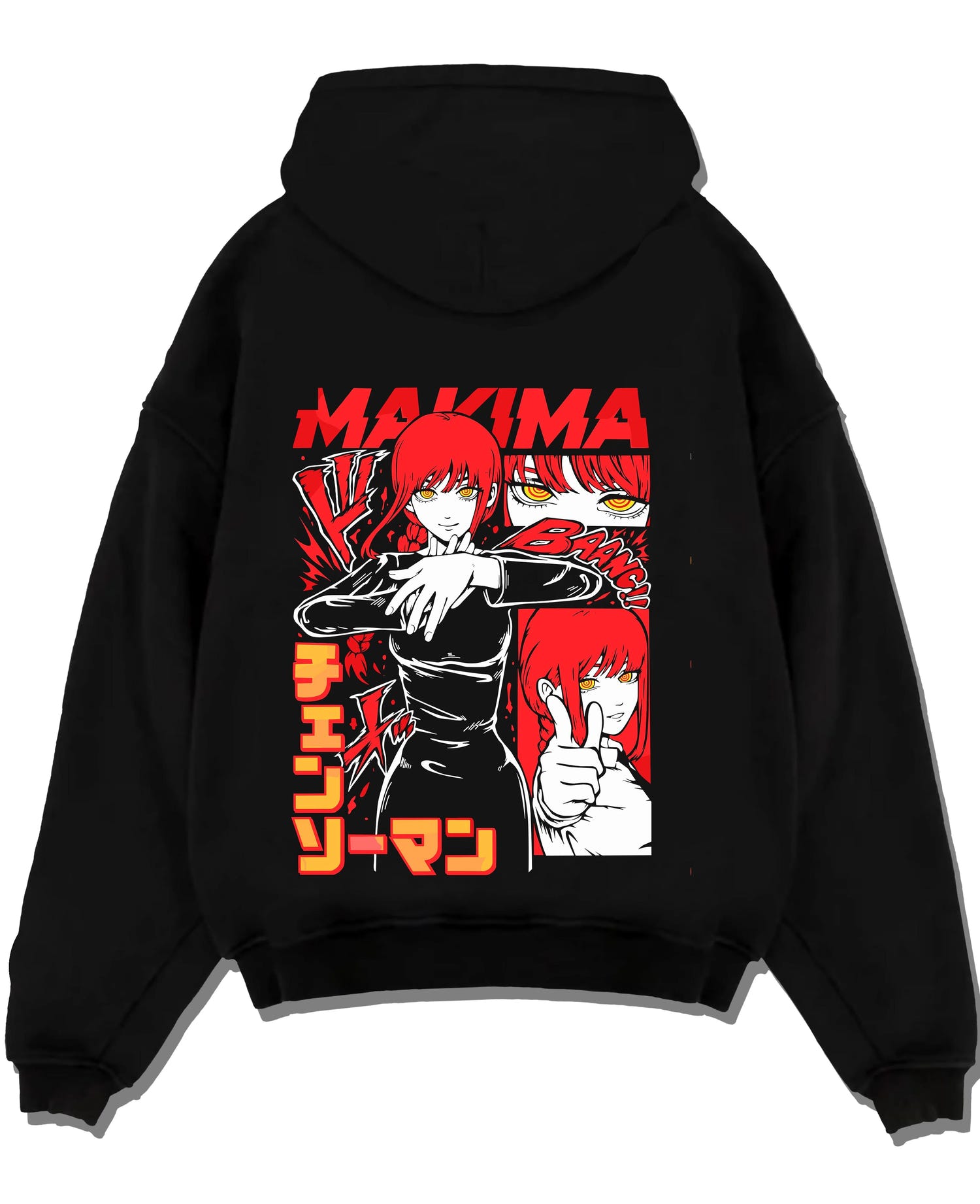Black pullover hoodie laid flat with Makima Control Hoodie Chainsaw Man Fiendish graphic dynamic action scene.