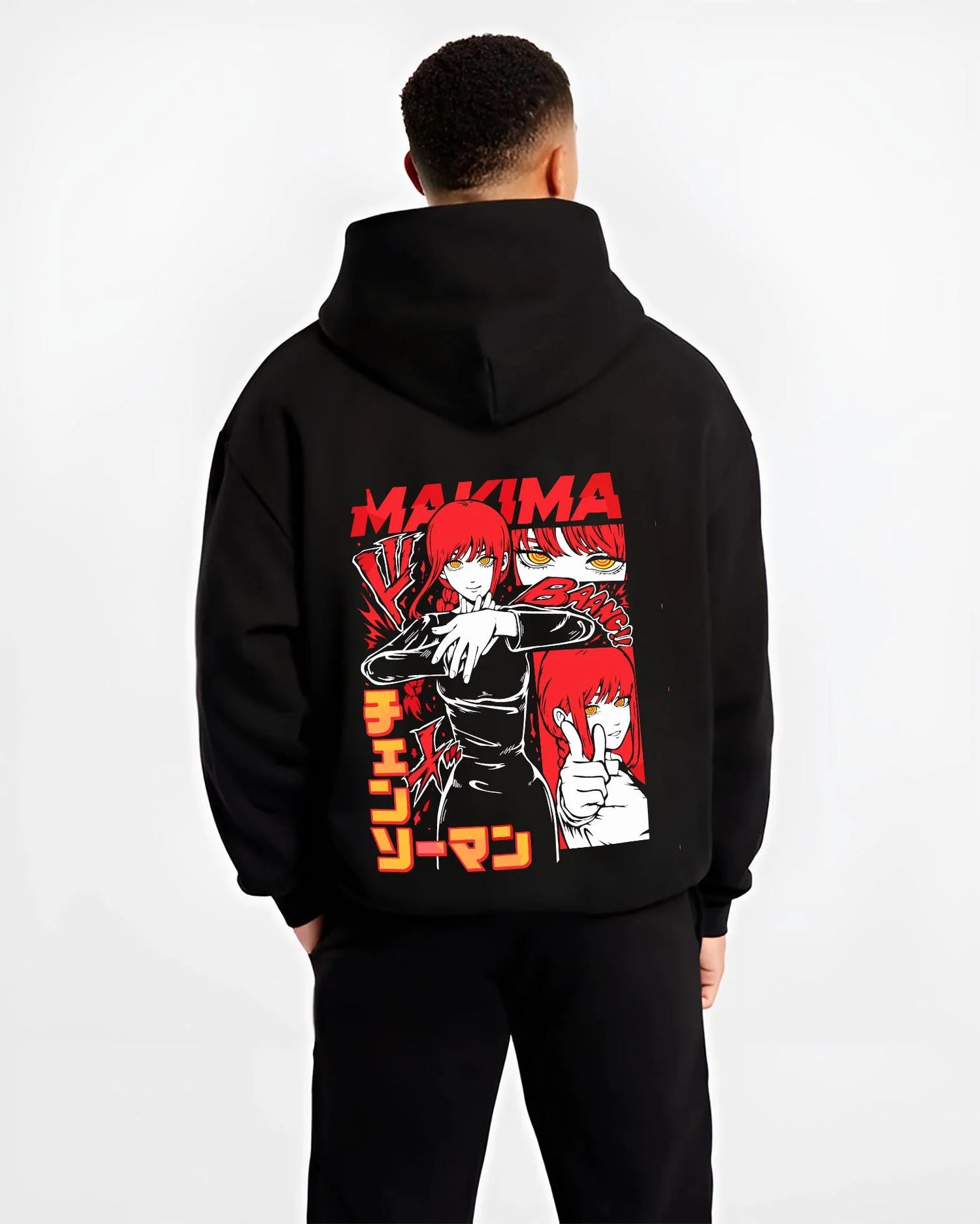 Black hoodie worn by male model, back view with Makima Control Hoodie Chainsaw Man Fiendish graphic Makima anime design.