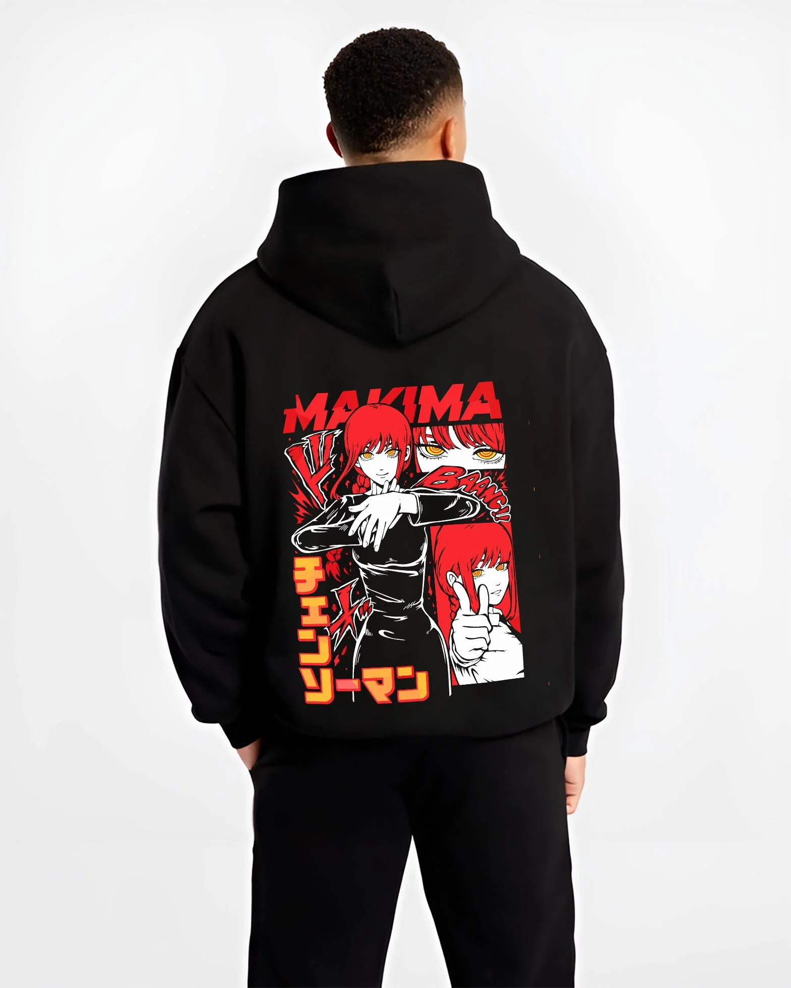 Black hoodie worn by male model, back view with Makima Control Hoodie Chainsaw Man Fiendish graphic Makima anime design.
