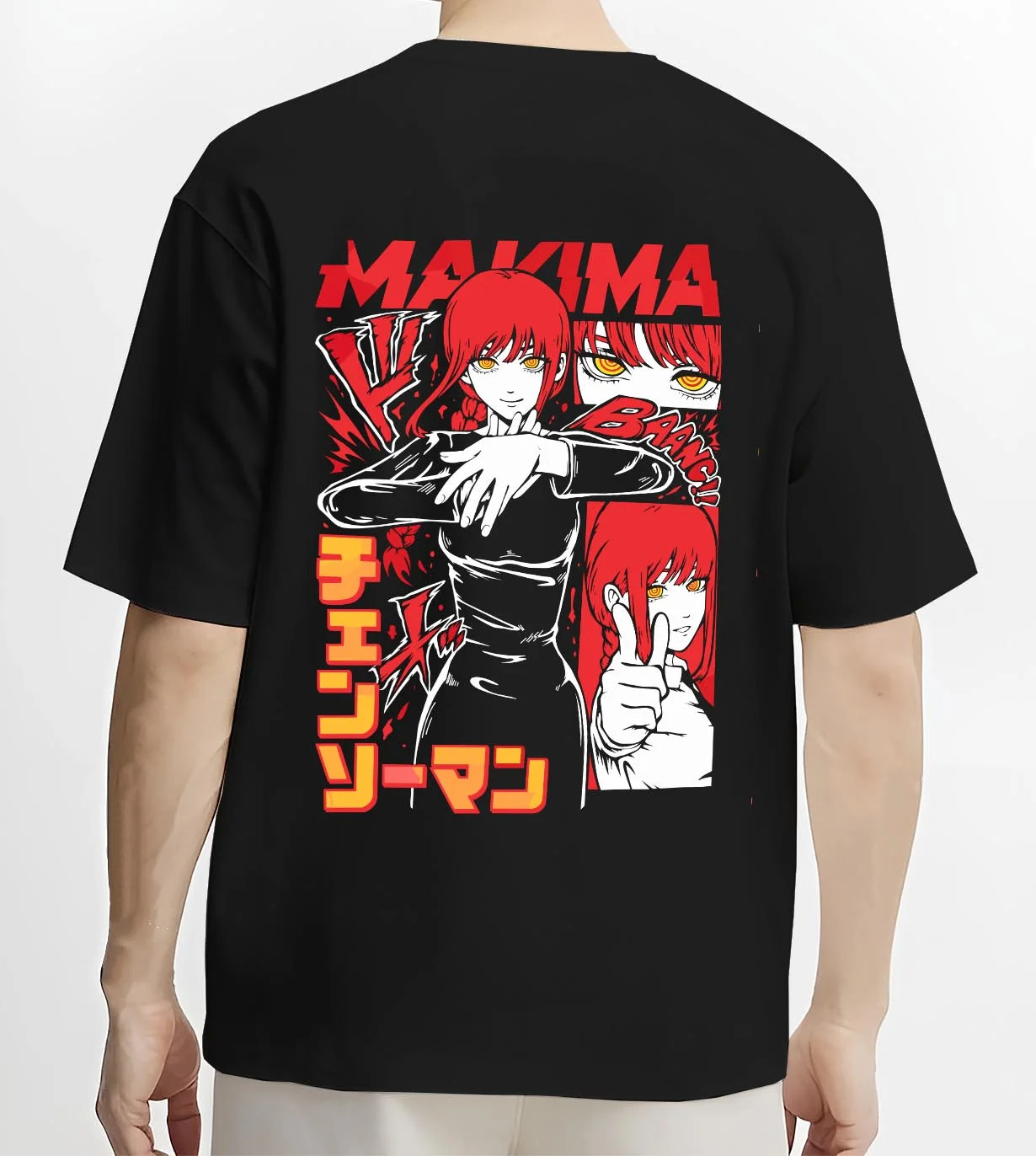 Black T-shirt worn by male model, back view with Makima Control Hoodie Chainsaw Man Fiendish graphic Makima anime design.