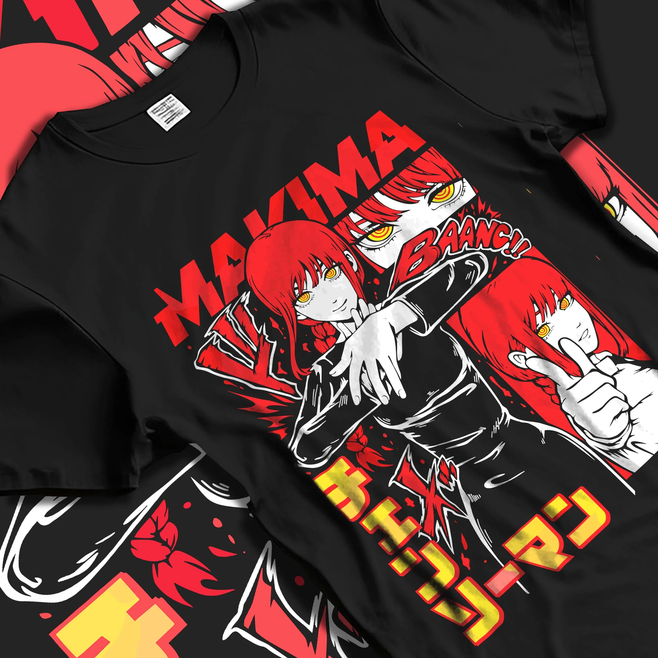 Black T-shirt laid flat with natural folds with Makima Control Hoodie Chainsaw Man Fiendish graphic bold anime graphic.