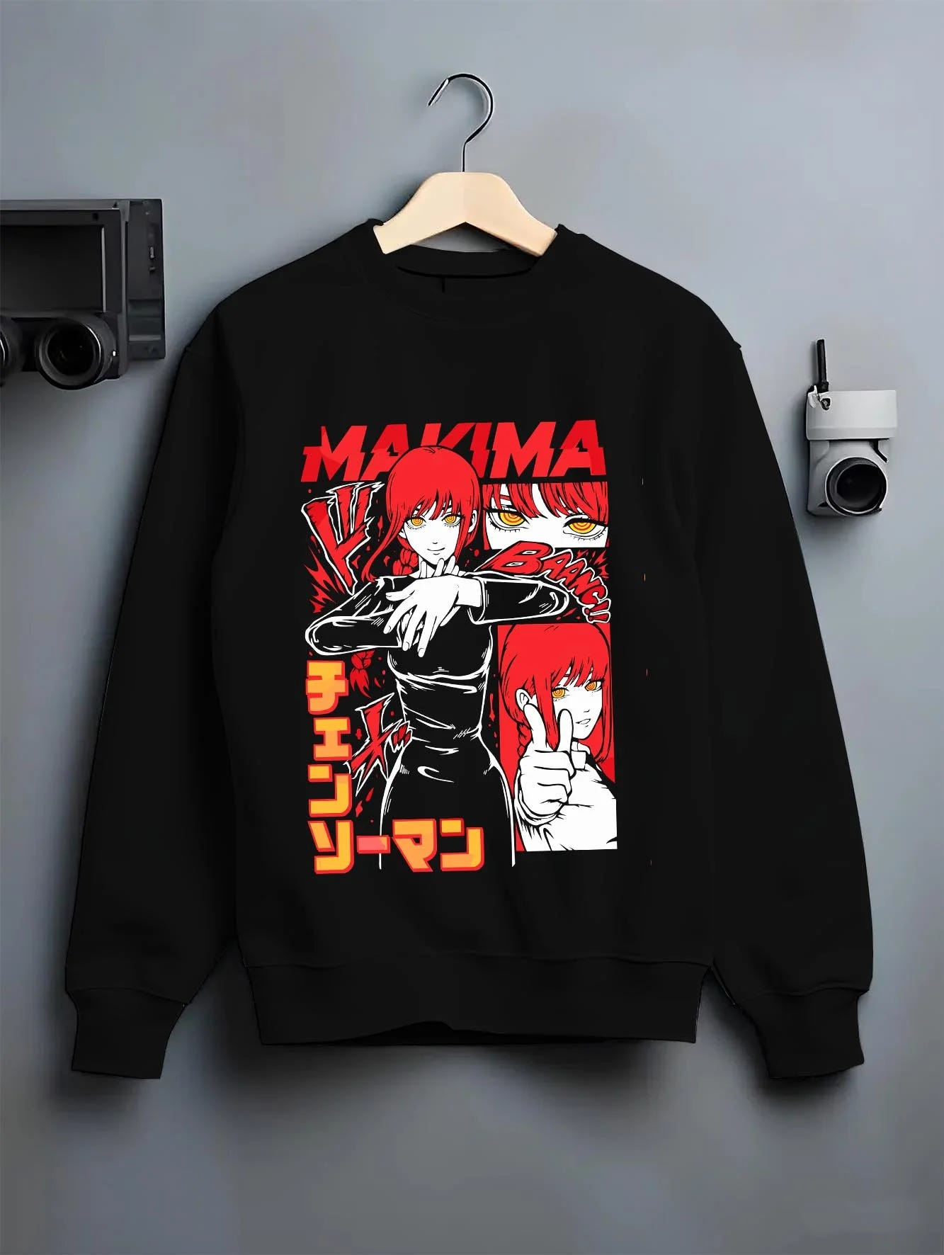 Black crewneck sweatshirt on hanger with Makima Control Hoodie Chainsaw Man Fiendish graphic premium wear.
