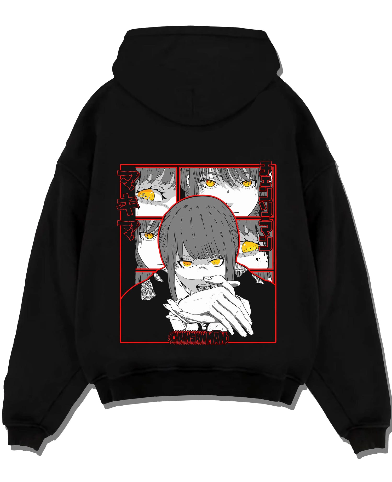 Black pullover hoodie laid flat with Makima Devilish Hoodie Chainsaw Man Fiend Look graphic Makima anime design.