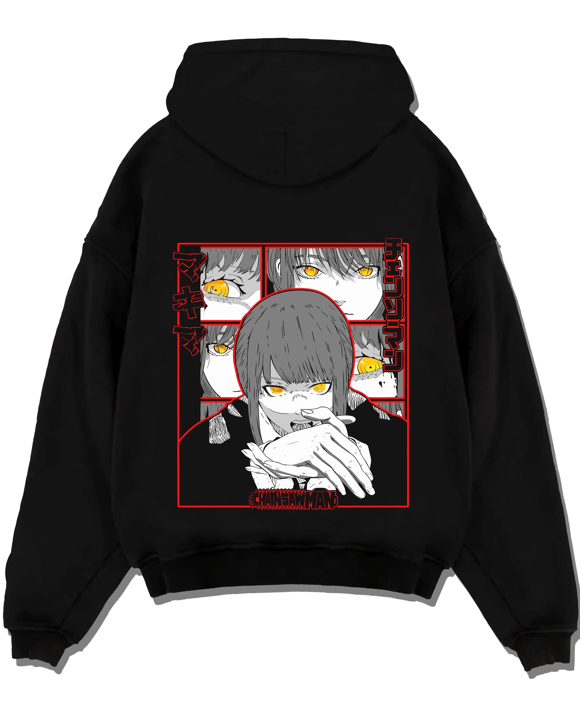 Black pullover hoodie laid flat with Makima Devilish Hoodie Chainsaw Man Fiend Look graphic Makima anime design.