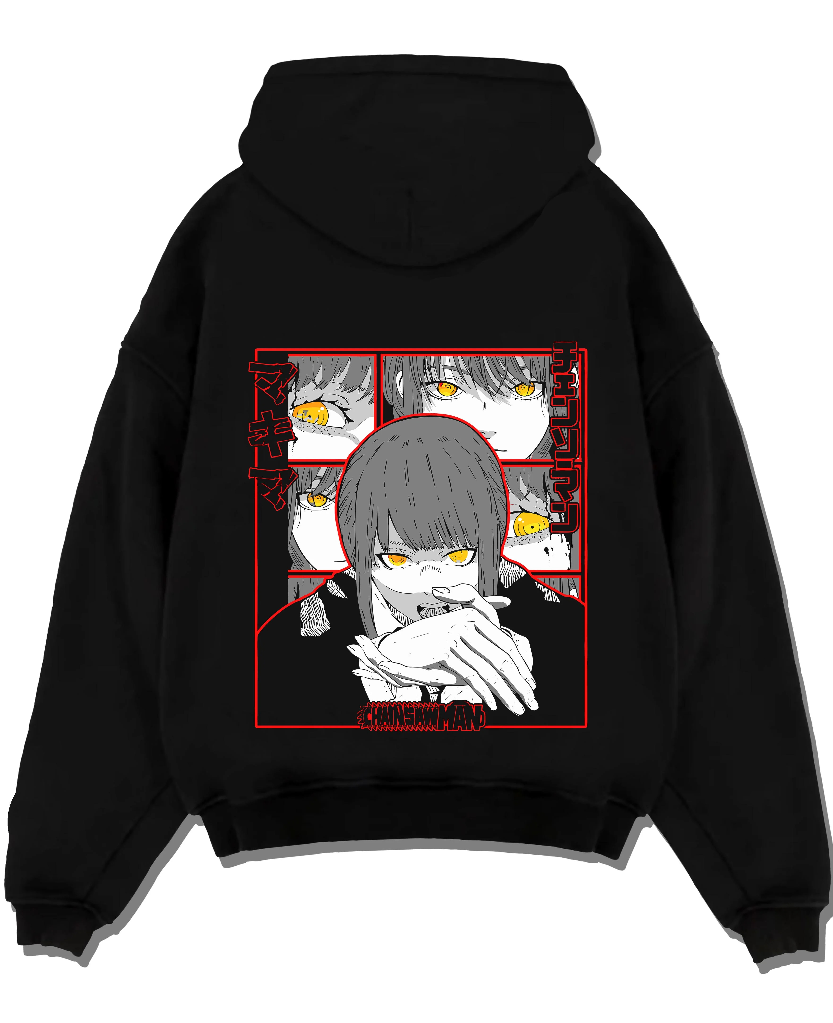 Black pullover hoodie laid flat with Makima Devilish Hoodie Chainsaw Man Fiend Look graphic Makima anime design.