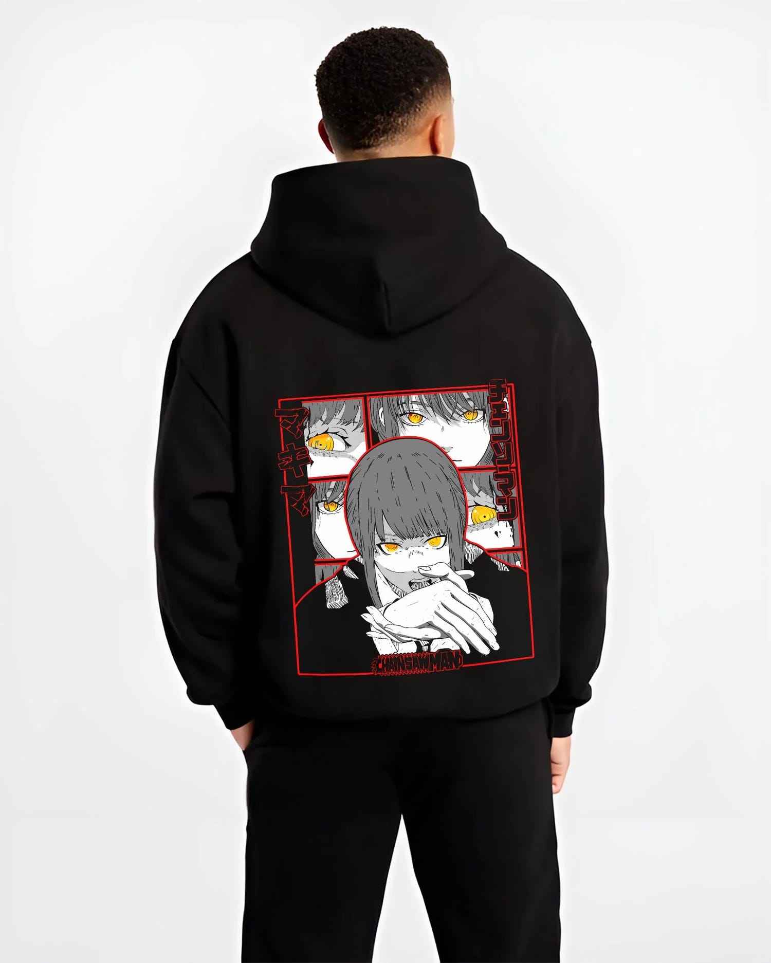 Black hoodie worn by male model, back view with Makima Devilish Hoodie Chainsaw Man Fiend Look graphic streetwear graphic.
