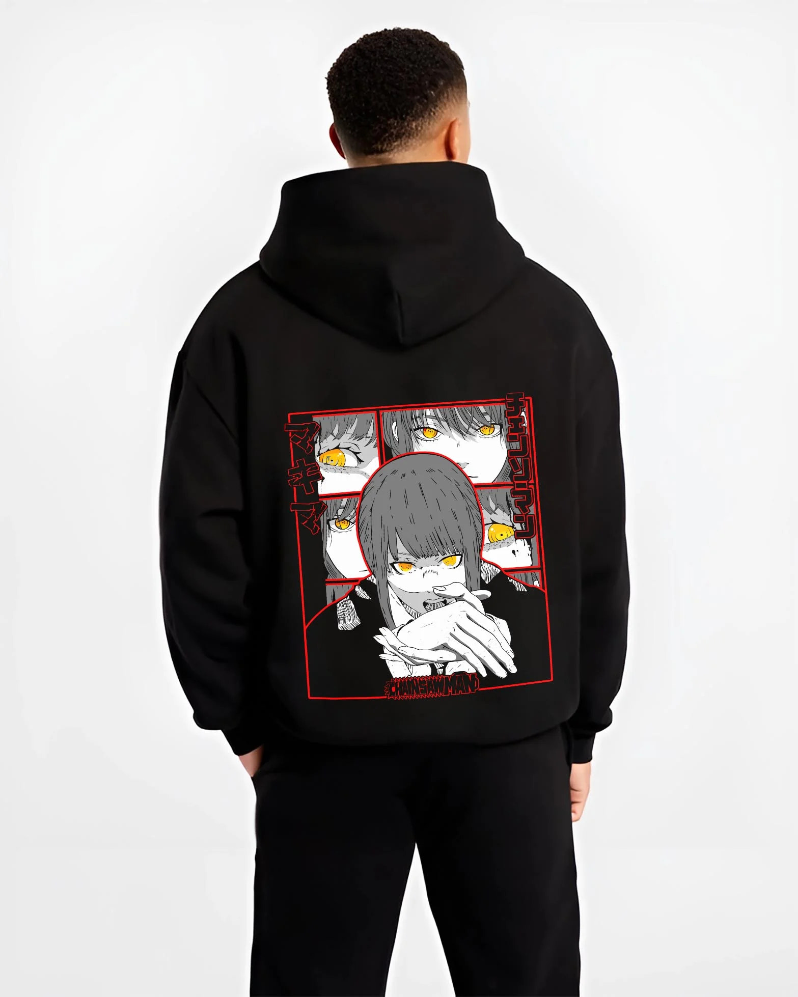 Black hoodie worn by male model, back view with Makima Devilish Hoodie Chainsaw Man Fiend Look graphic streetwear graphic.