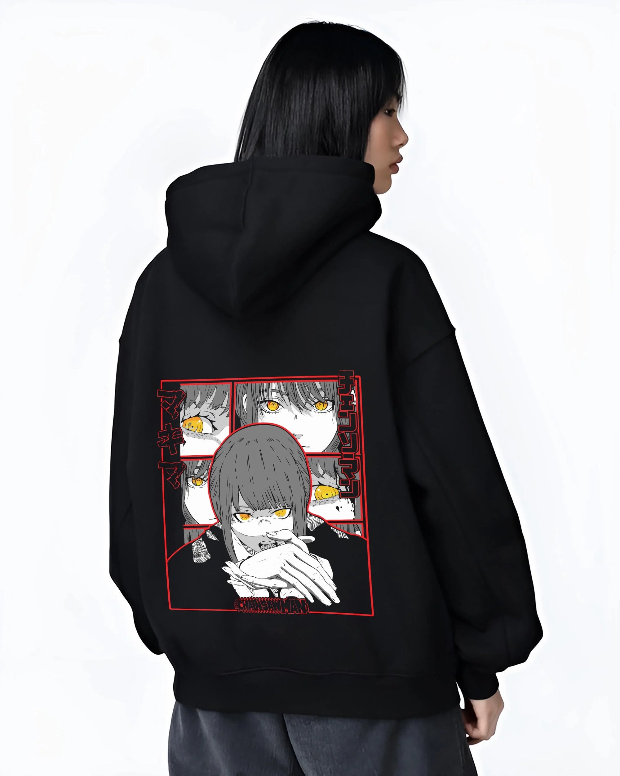 Black hoodie worn by female model, back view with Makima Devilish Hoodie Chainsaw Man Fiend Look graphic bold anime graphic.