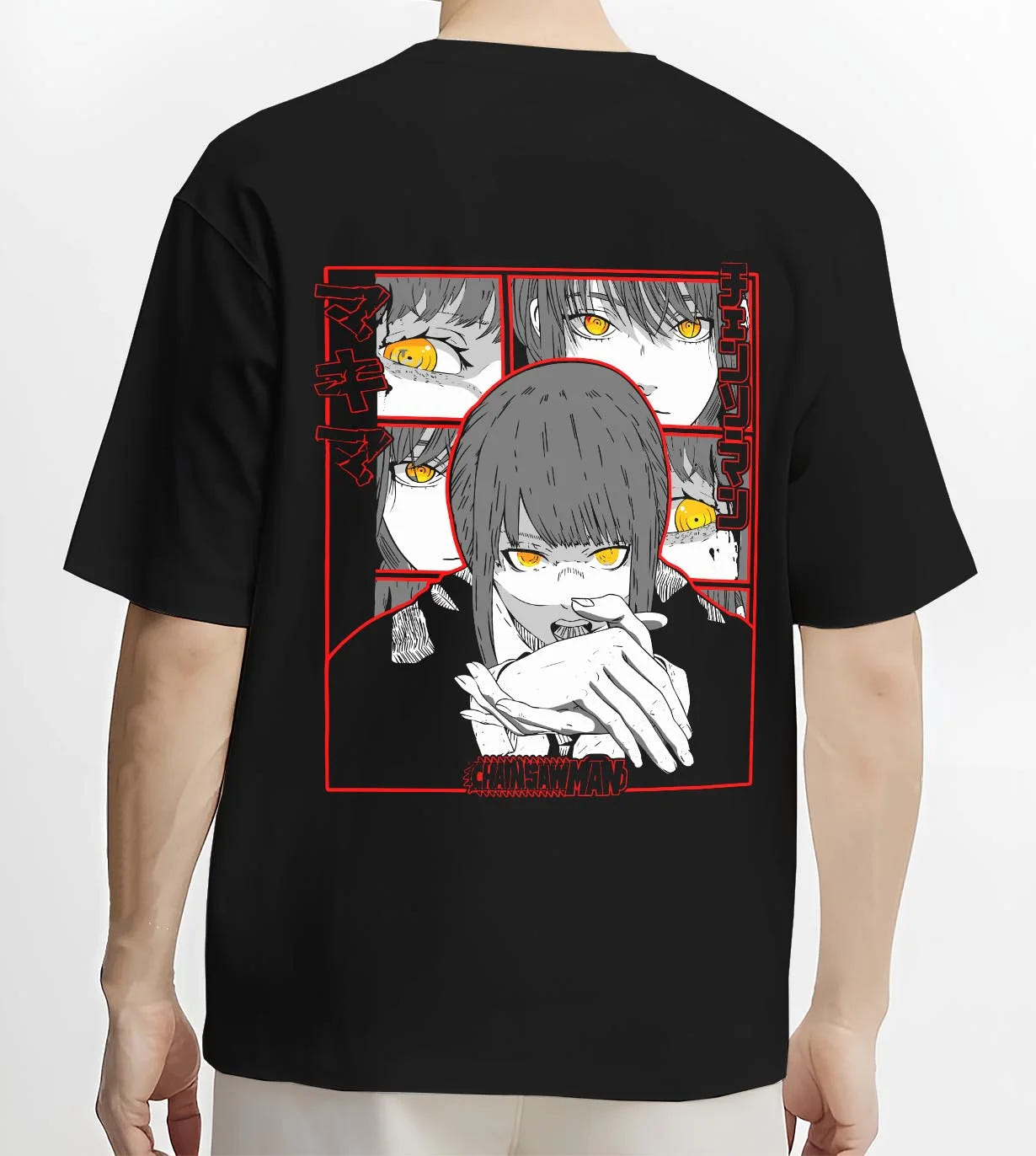 Black T-shirt worn by male model, back view with Makima Devilish Hoodie Chainsaw Man Fiend Look graphic Makima anime design.