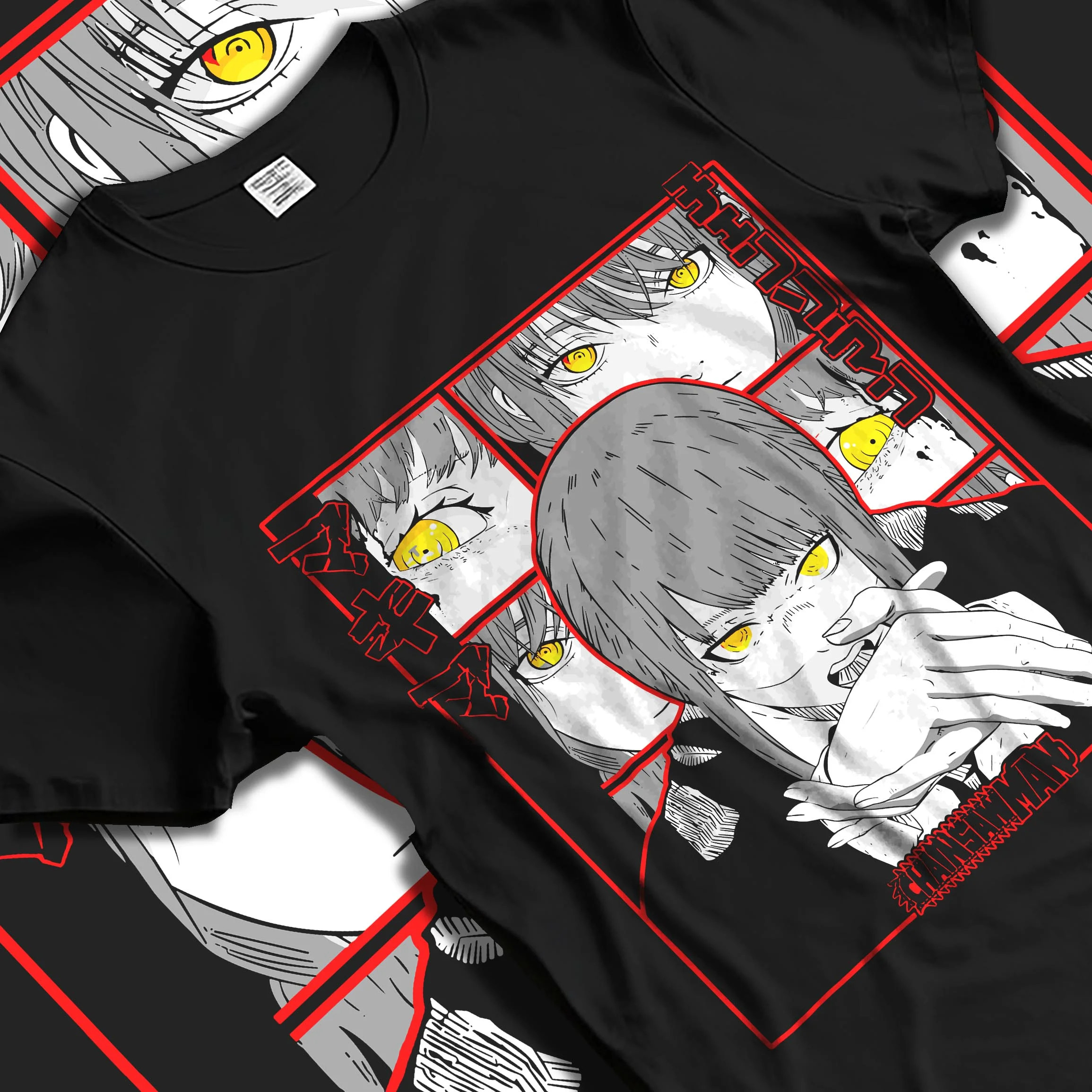 Black T-shirt laid flat with natural folds with Makima Devilish Hoodie Chainsaw Man Fiend Look graphic bold anime graphic.